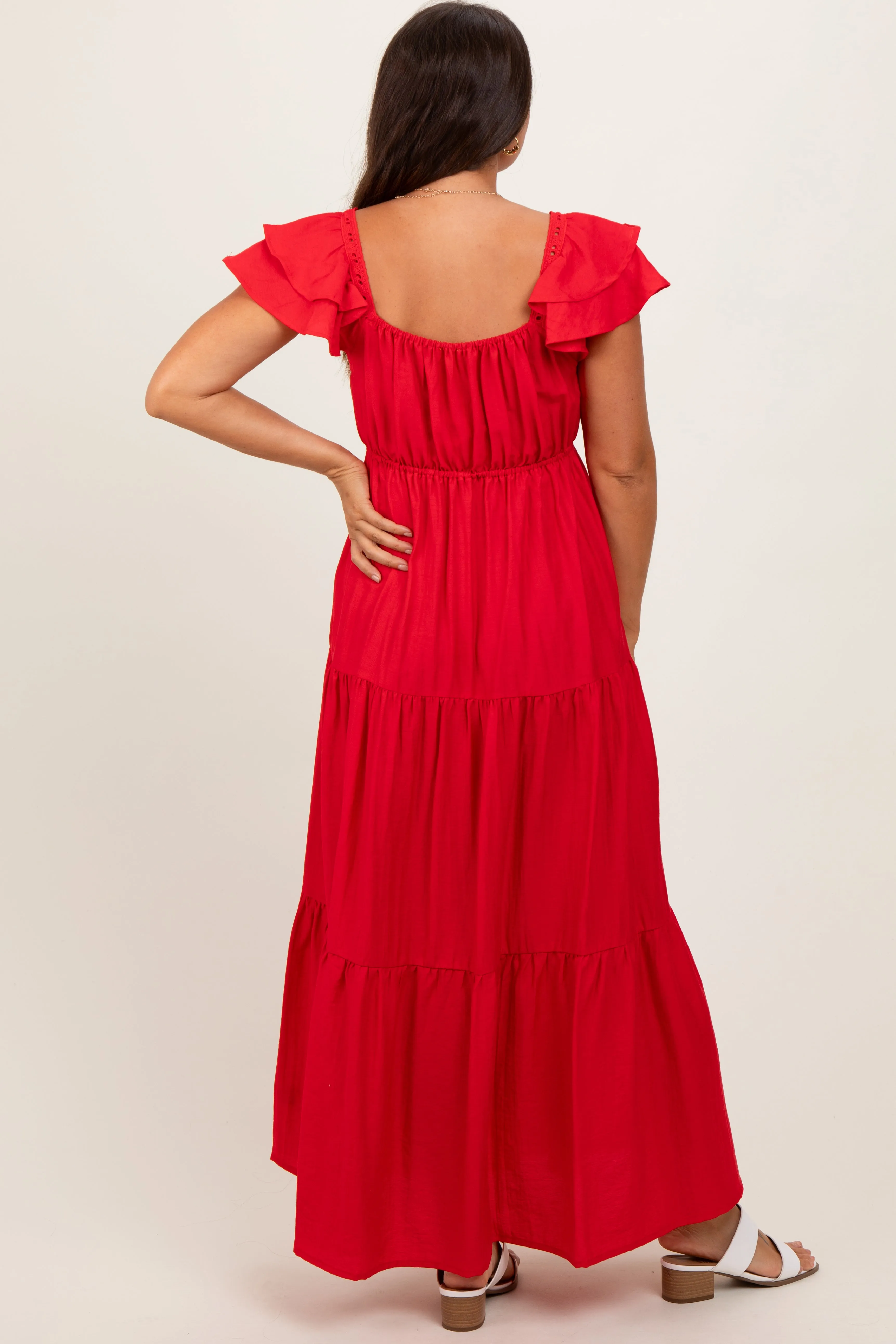Red Layered Flutter Sleeve Tiered Maternity Maxi Dress sold by Pinkblush product image thumbnail 4