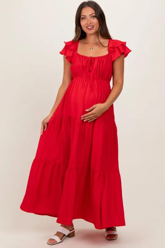 Red Layered Flutter Sleeve Tiered Maternity Maxi Dress sold by Pinkblush