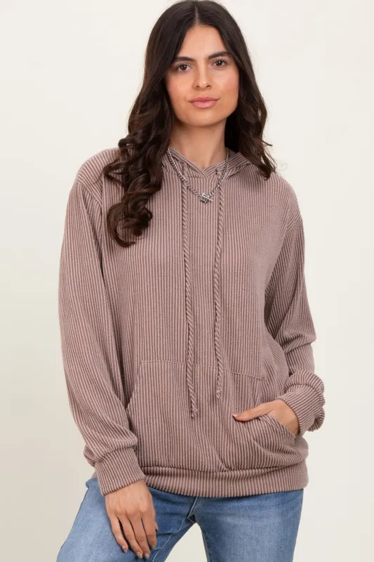 Taupe Ribbed Basic Drawstring Hoodie sold by Pinkblush