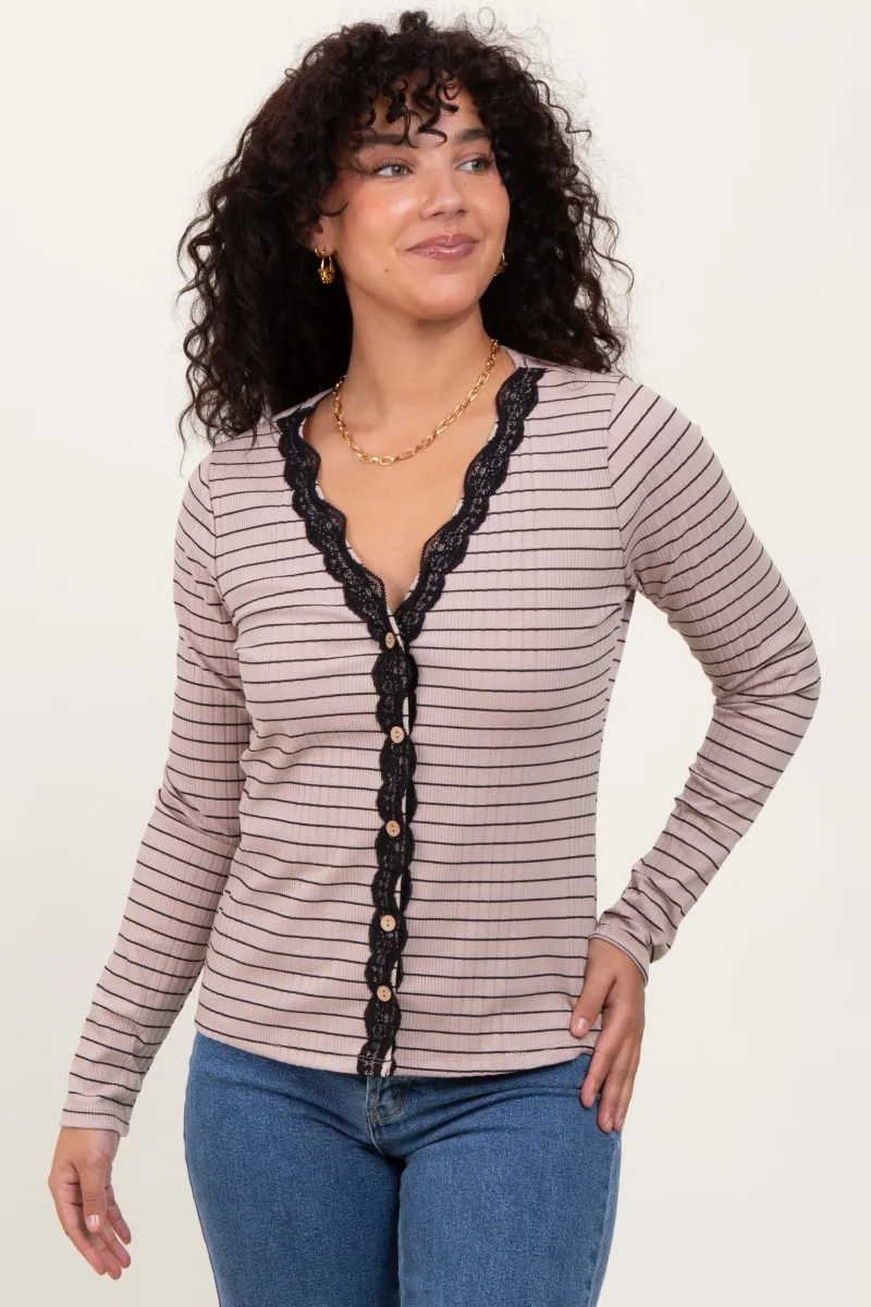 Mocha Striped Ribbed Long Sleeve Lace Detail Button Down Cardigan sold by Pinkblush