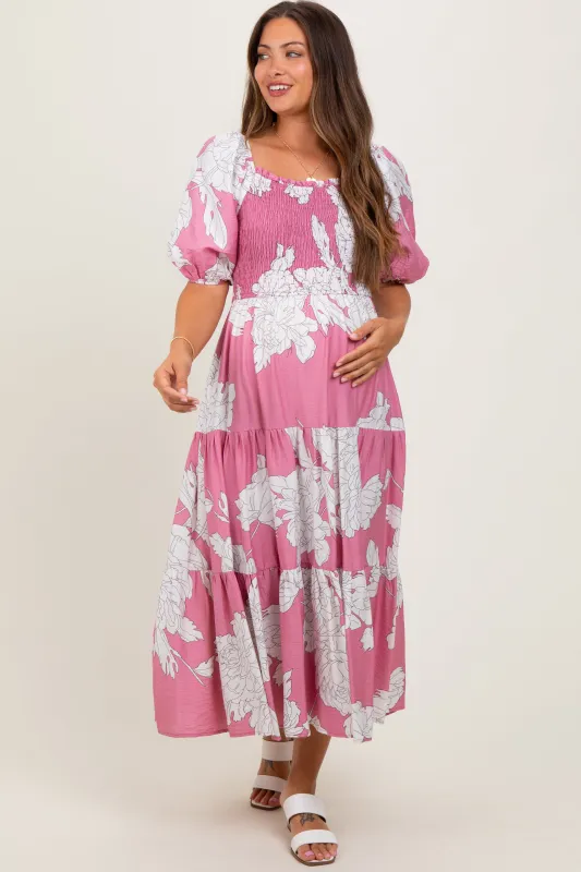 Pink Floral Smocked Front Tie Cutout Maternity Maxi Dress sold by Pinkblush