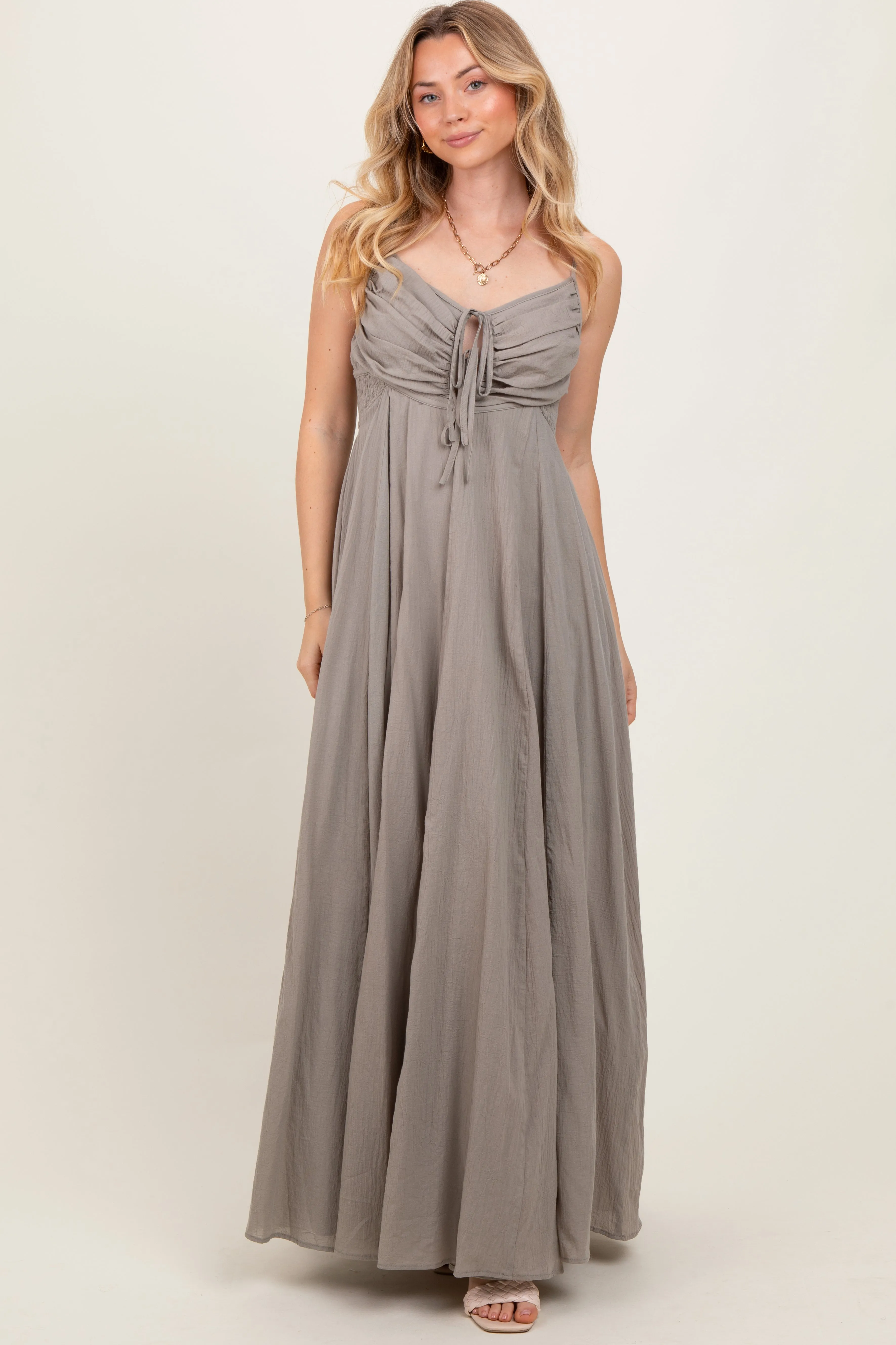 Light Olive Gathered Tie Front Maxi Dress sold by Pinkblush product image thumbnail 2