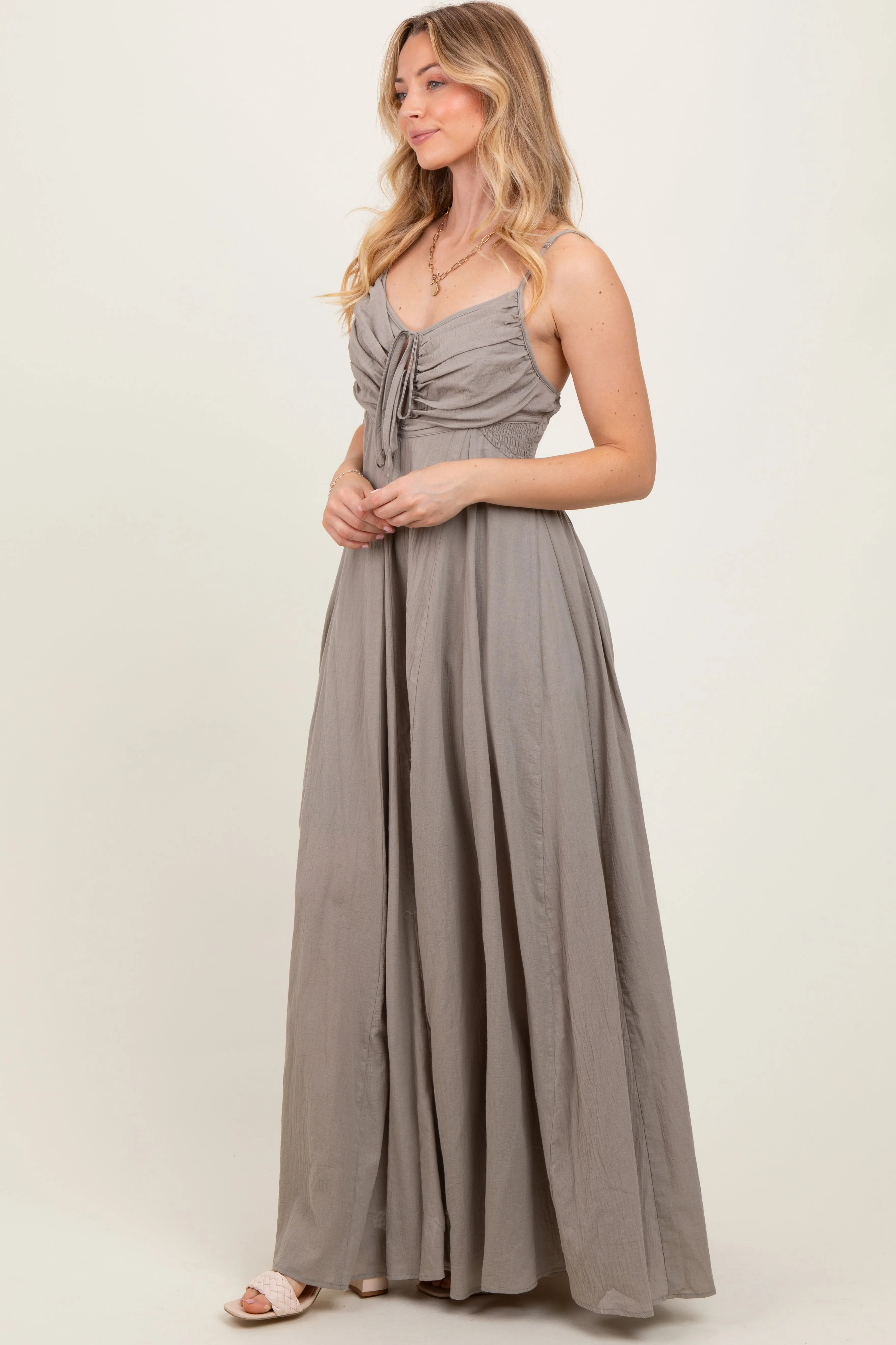 Light Olive Gathered Tie Front Maxi Dress sold by Pinkblush product image thumbnail 3