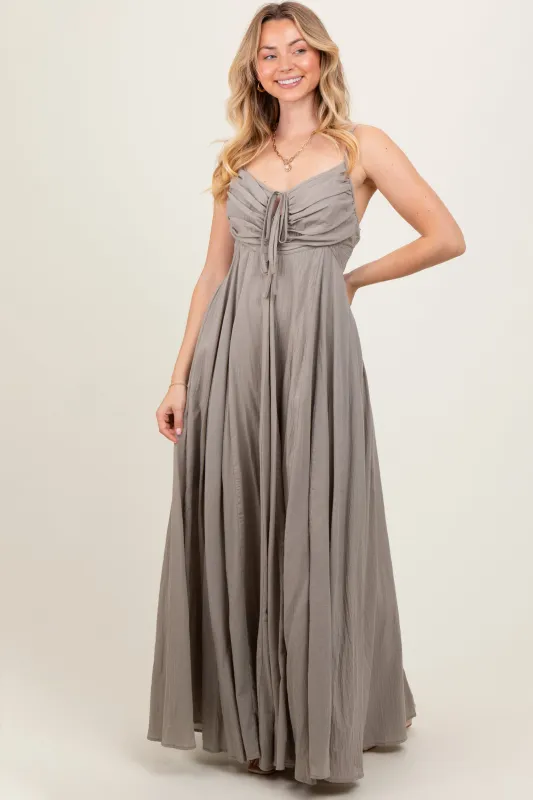 Light Olive Gathered Tie Front Maxi Dress sold by Pinkblush