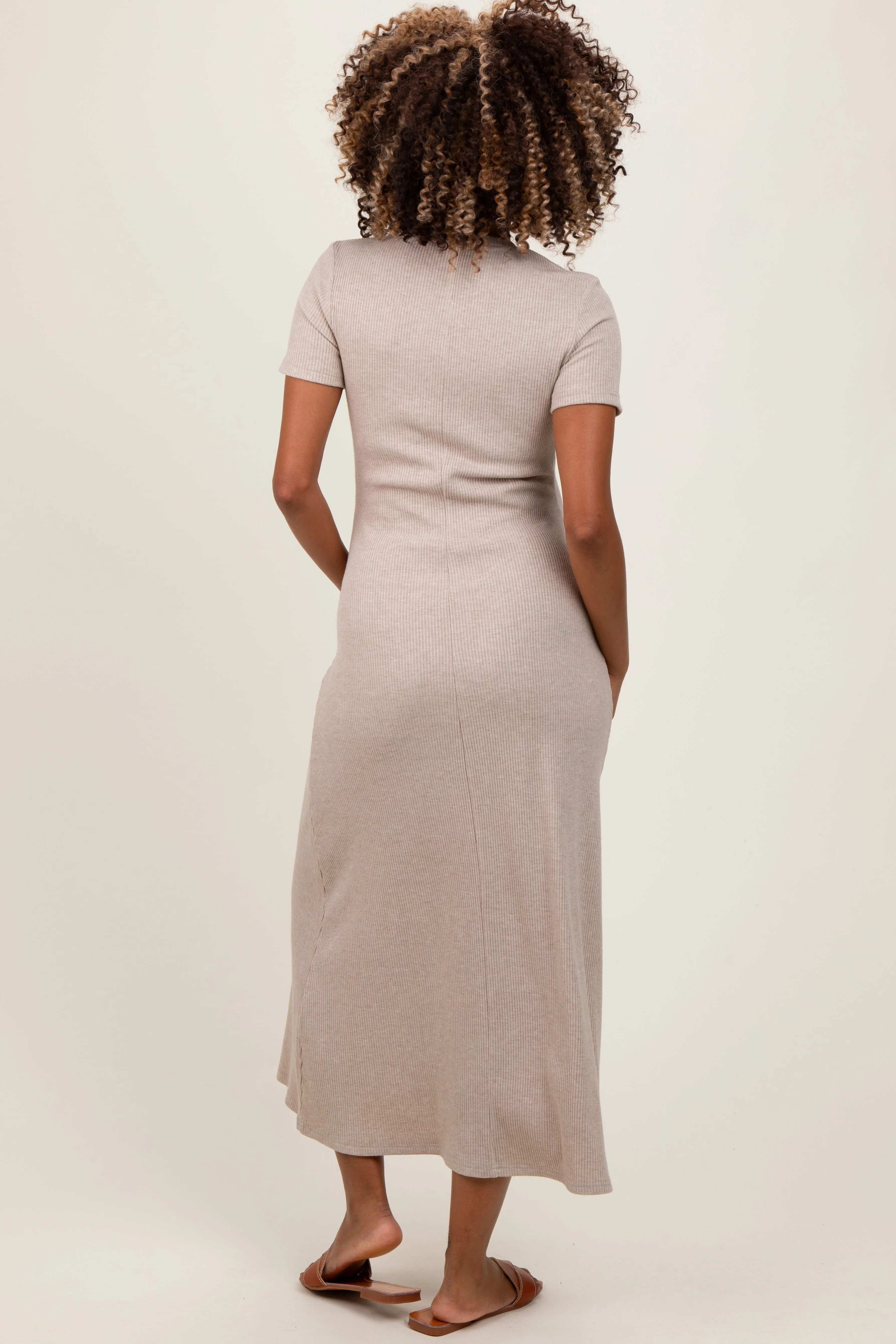 Beige Ribbed Short Sleeve Maternity Midi Dress sold by Pinkblush product image thumbnail 3