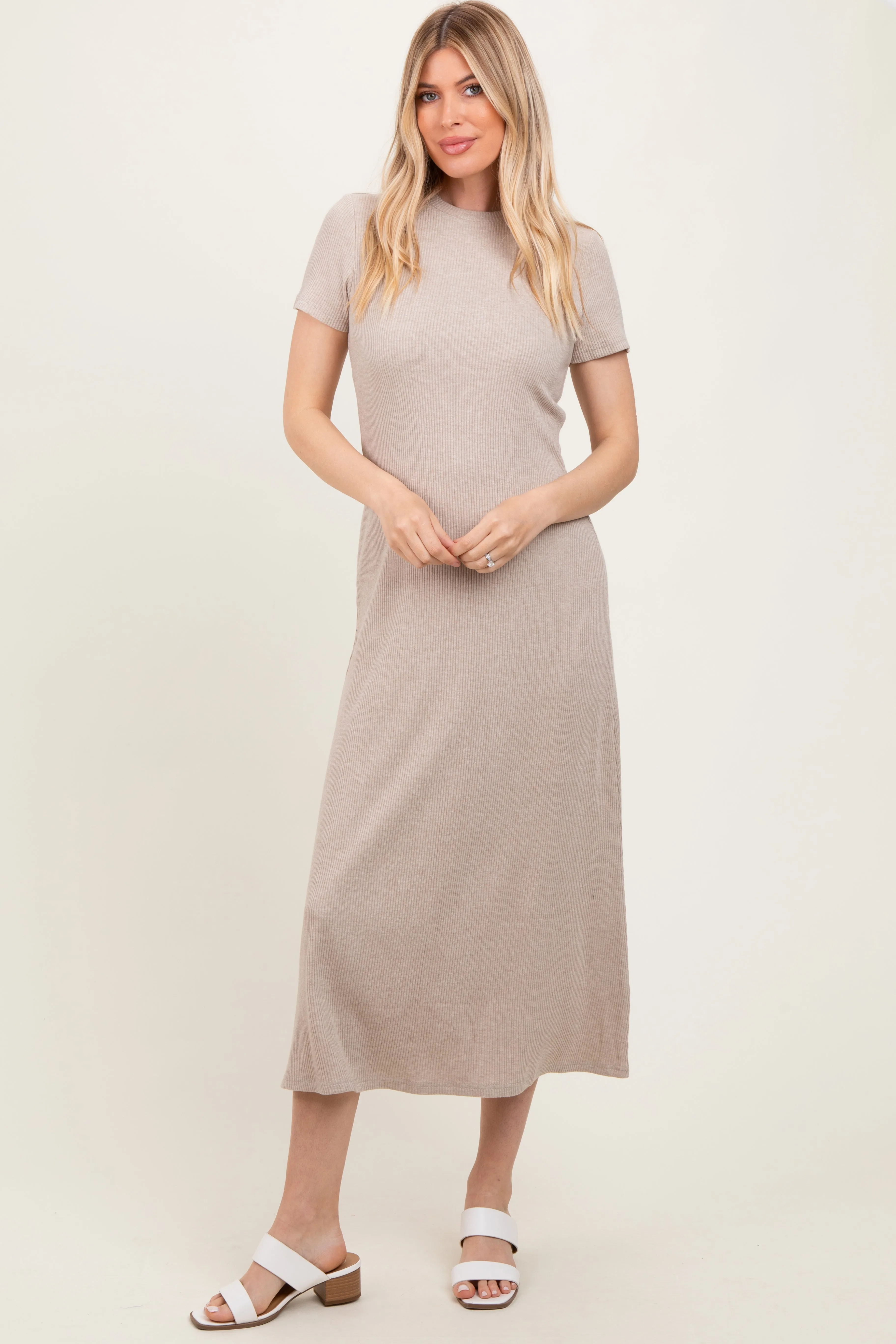 Beige Ribbed Short Sleeve Maternity Midi Dress sold by Pinkblush product image thumbnail 4