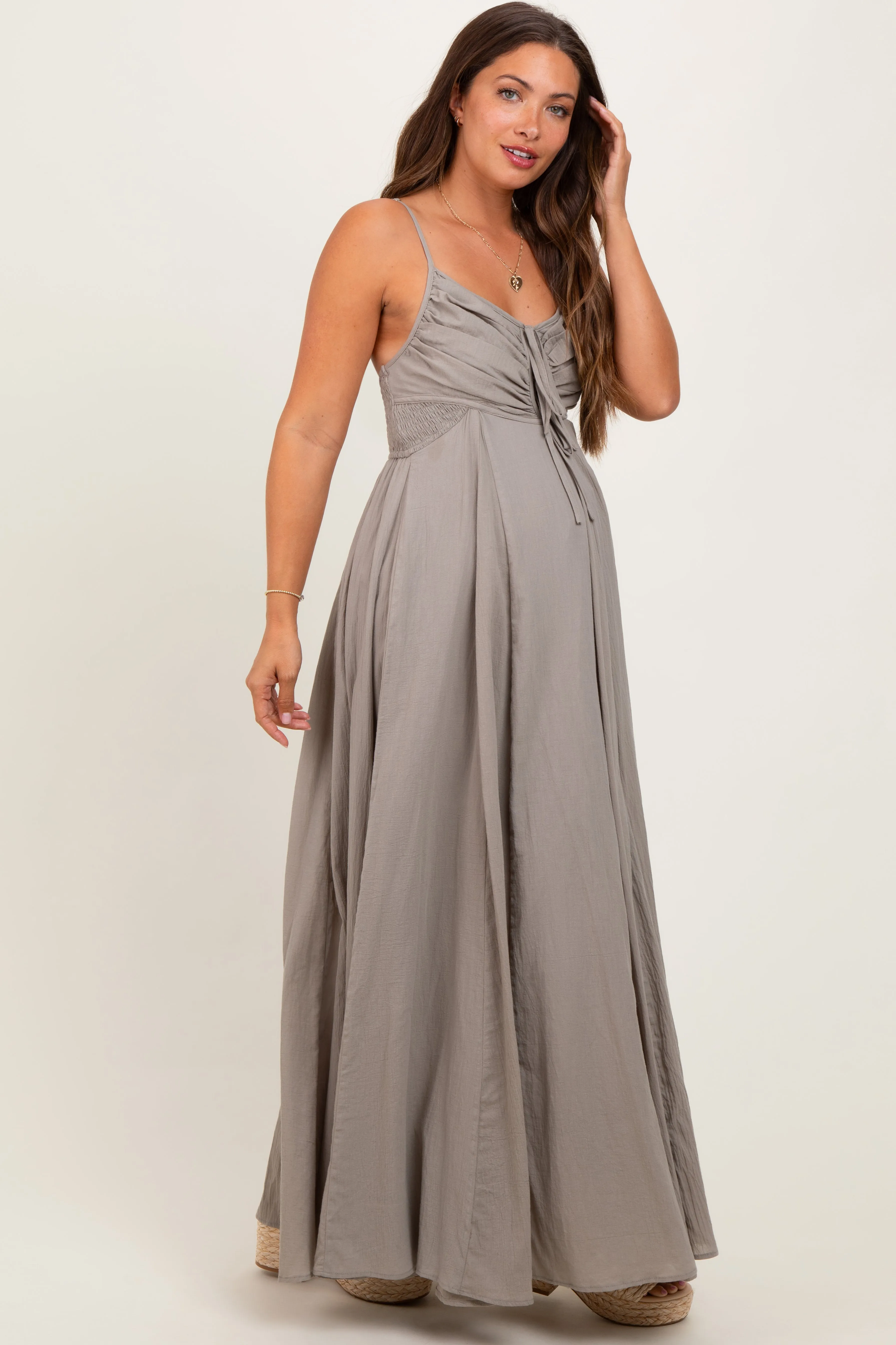 Light Olive Gathered Tie Front Maternity Maxi Dress sold by Pinkblush product image thumbnail 3