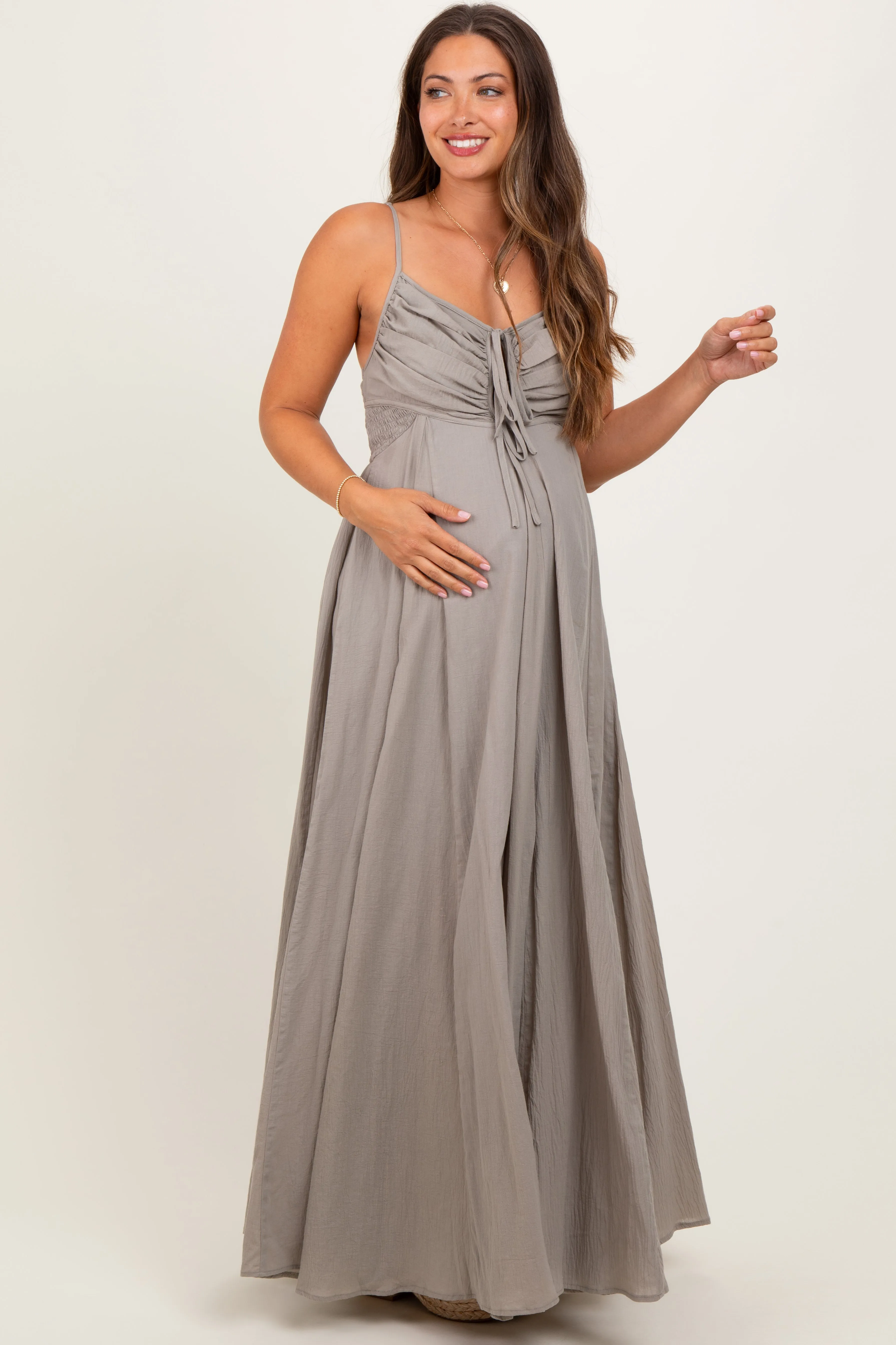 Light Olive Gathered Tie Front Maternity Maxi Dress sold by Pinkblush product image thumbnail 2