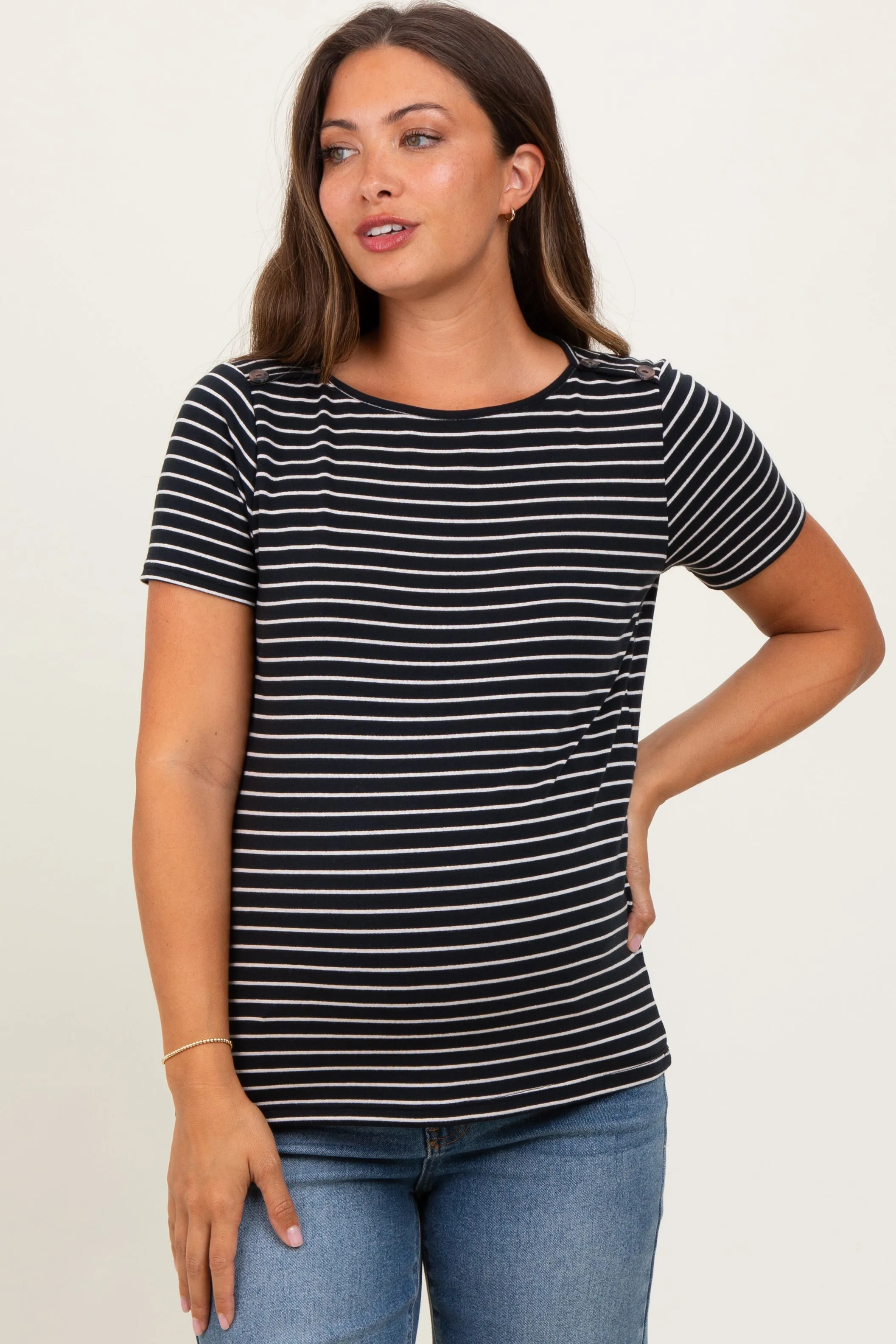 Black Pinstripe Shoulder Button Detail Maternity Top sold by Pinkblush