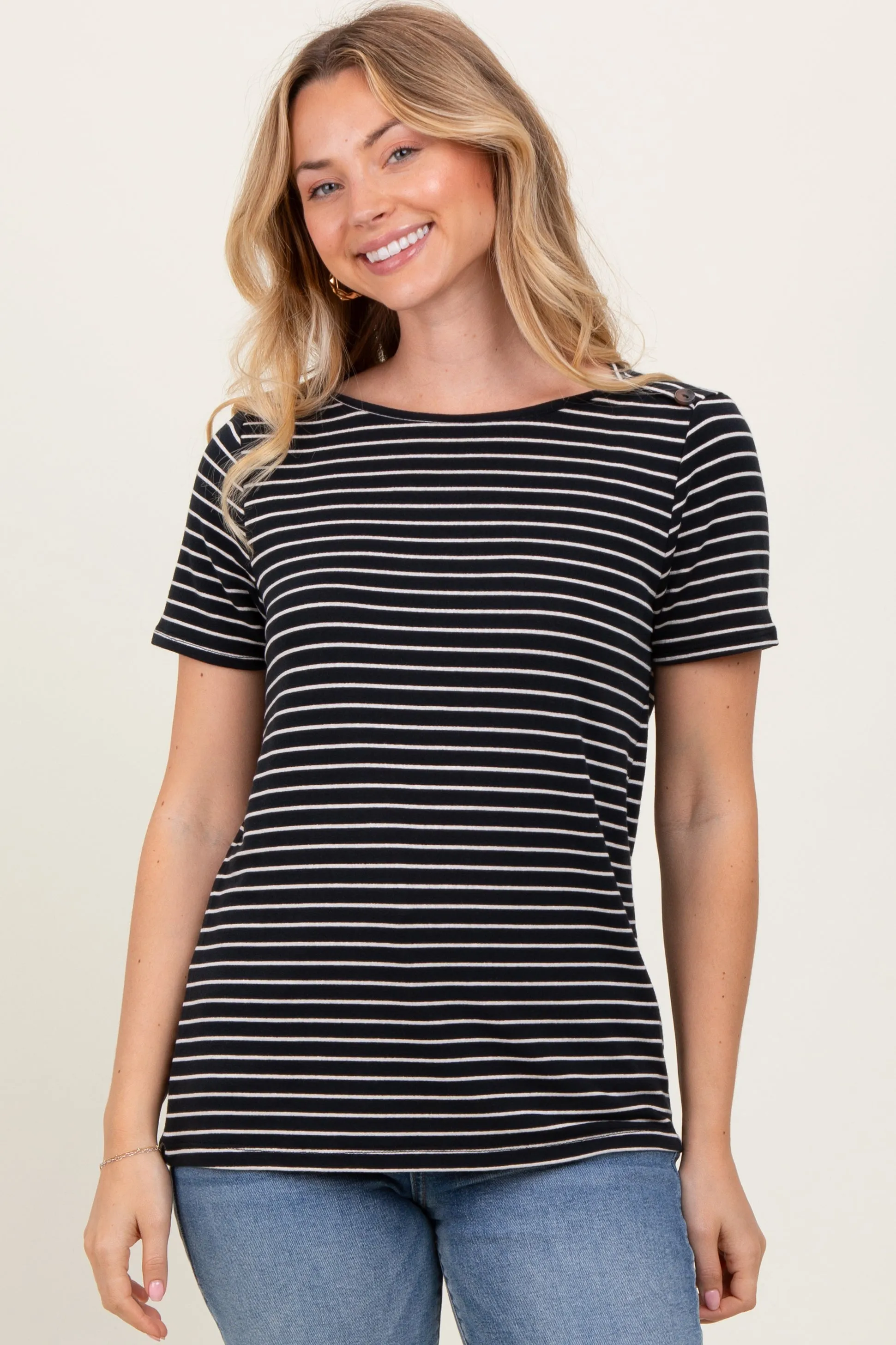 Black Pinstripe Shoulder Button Detail Maternity Top sold by Pinkblush product image thumbnail 5