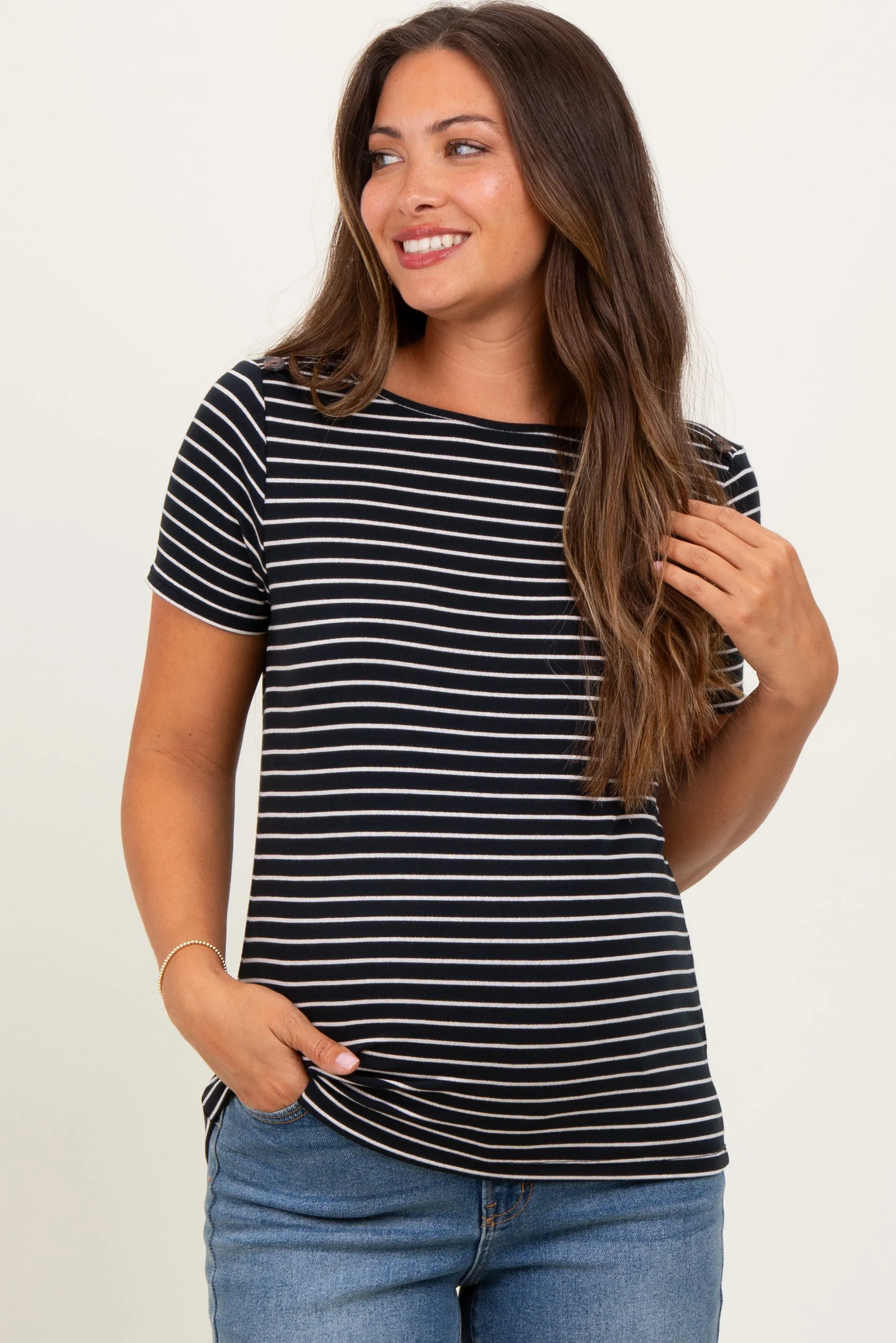 Black Pinstripe Shoulder Button Detail Maternity Top sold by Pinkblush product image thumbnail 2