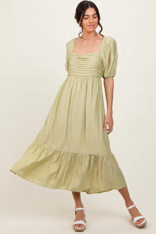 Mint Pleated Bodice Puff Sleeve Midi Dress sold by Pinkblush