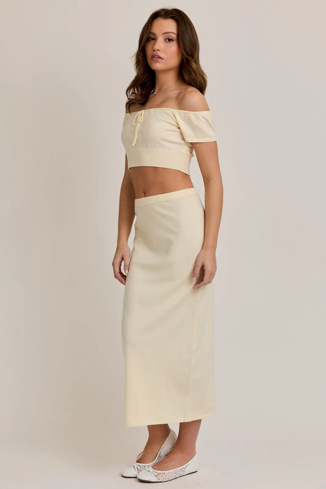 Cream Knit Off Shoulder Crop Top Maxi Skirt Set sold by Pinkblush product image thumbnail 2
