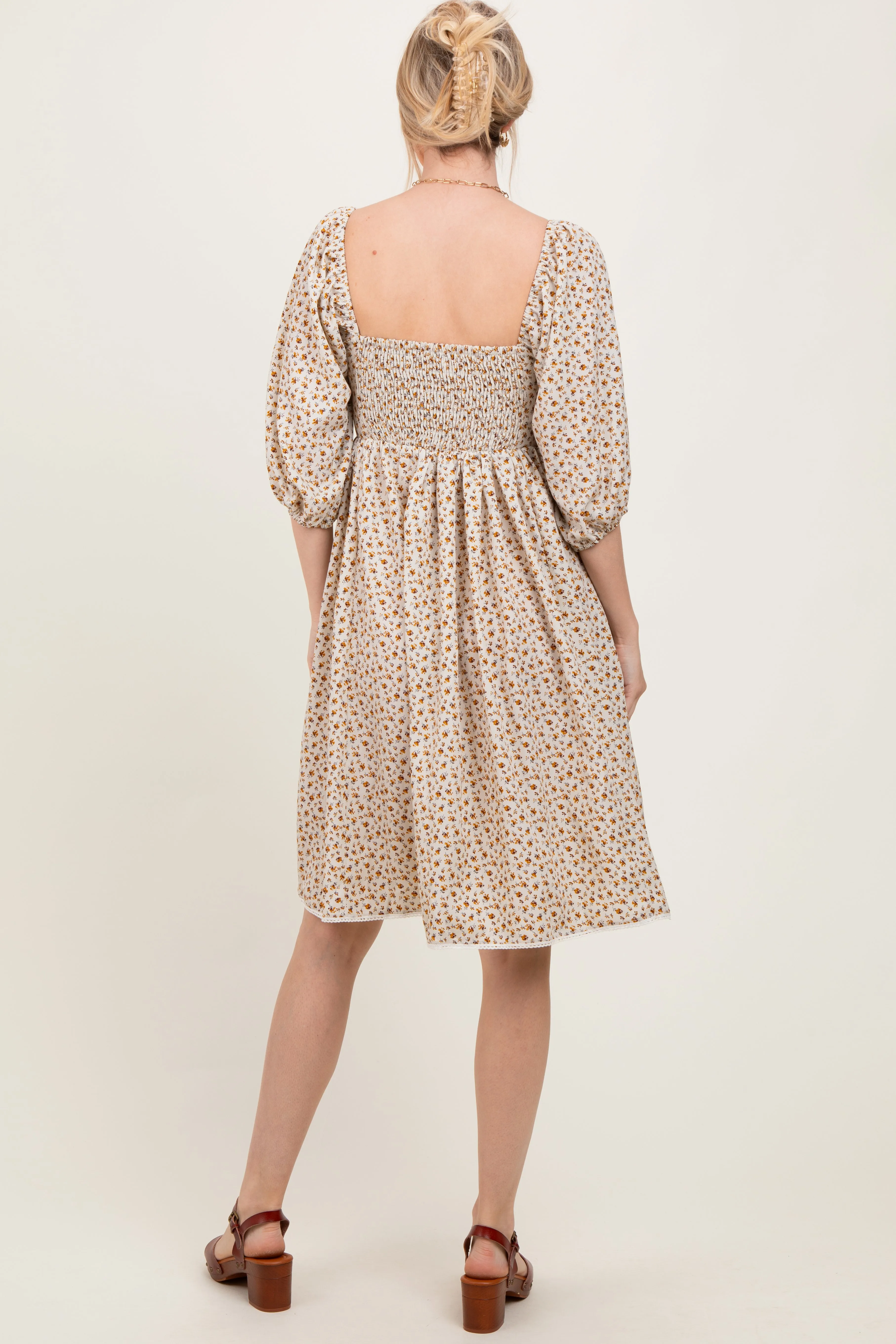 Cream Floral Pleated Bodice Lace Trim Midi Dress sold by Pinkblush product image thumbnail 4
