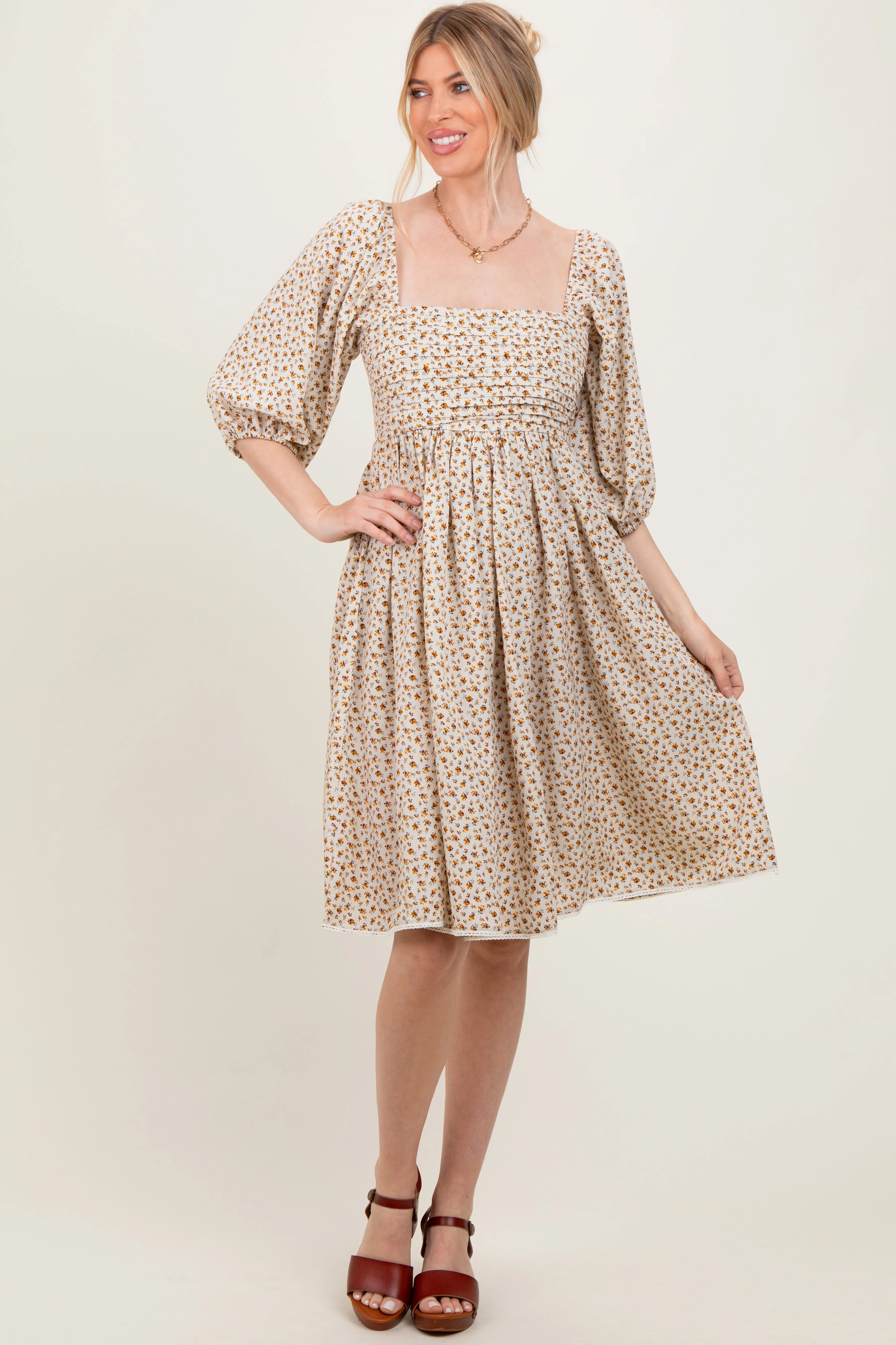 Cream Floral Pleated Bodice Lace Trim Midi Dress sold by Pinkblush