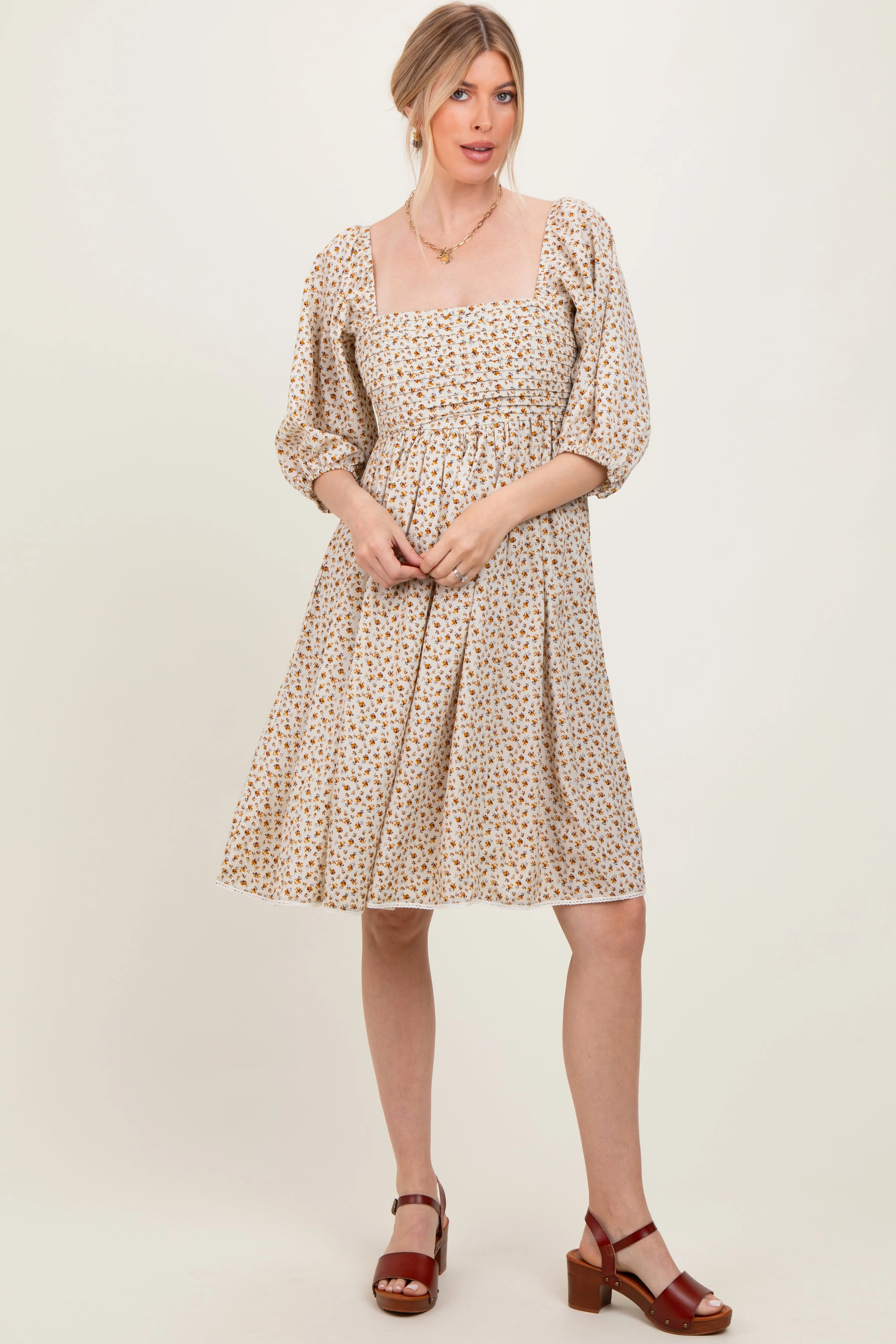 Cream Floral Pleated Bodice Lace Trim Midi Dress sold by Pinkblush product image thumbnail 2