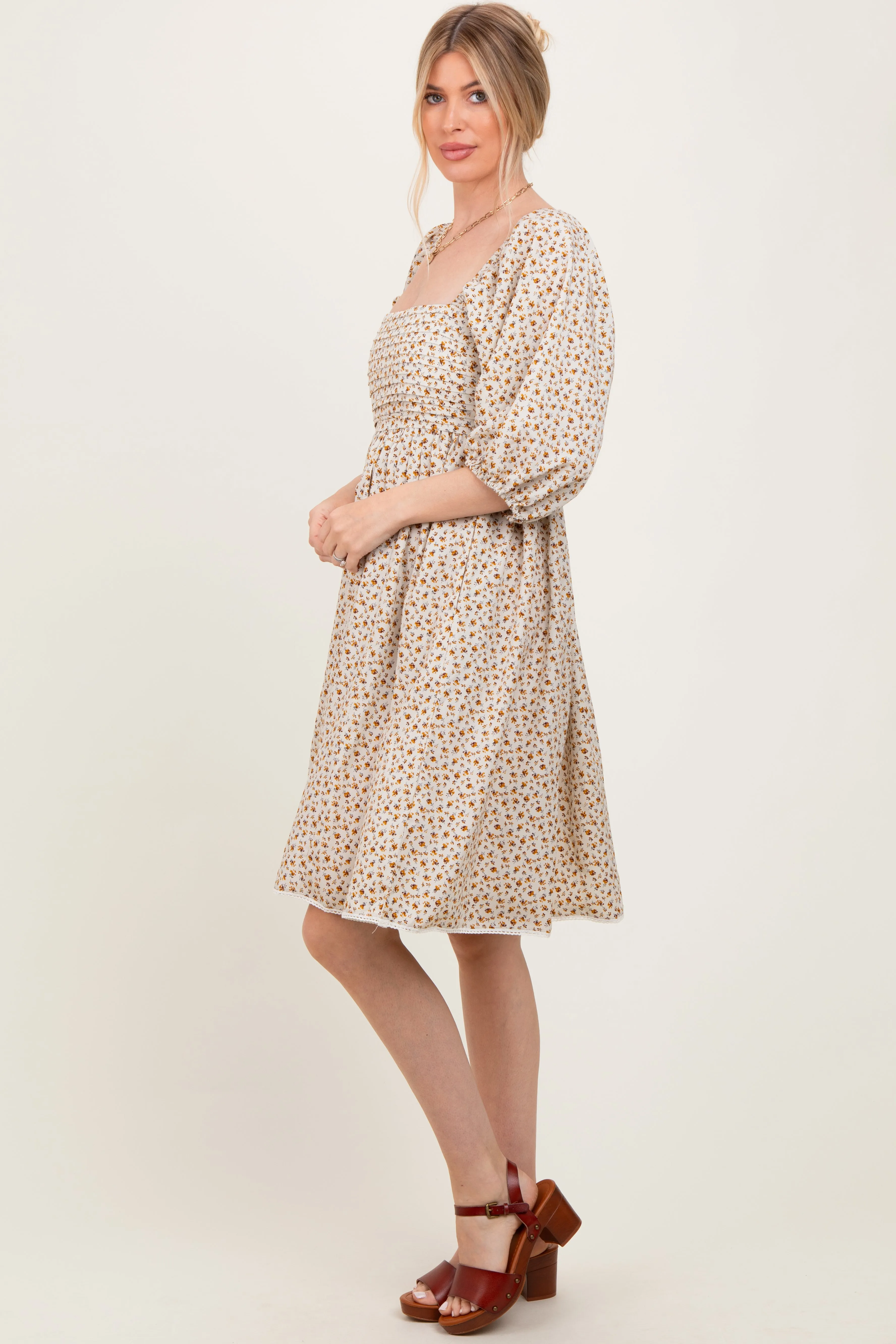 Cream Floral Pleated Bodice Lace Trim Midi Dress sold by Pinkblush product image thumbnail 3