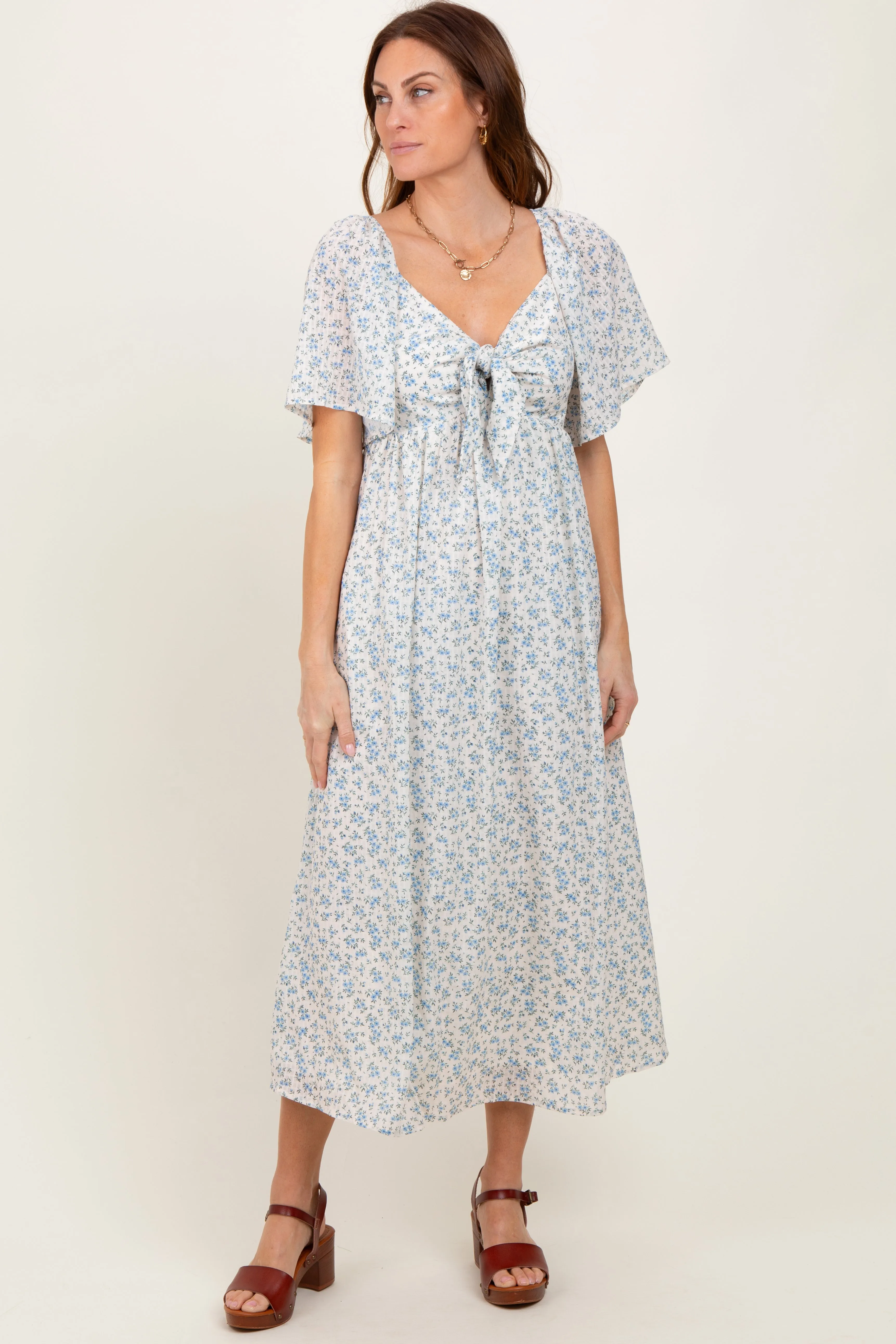Blue Floral Front Tie Midi Dress sold by Pinkblush