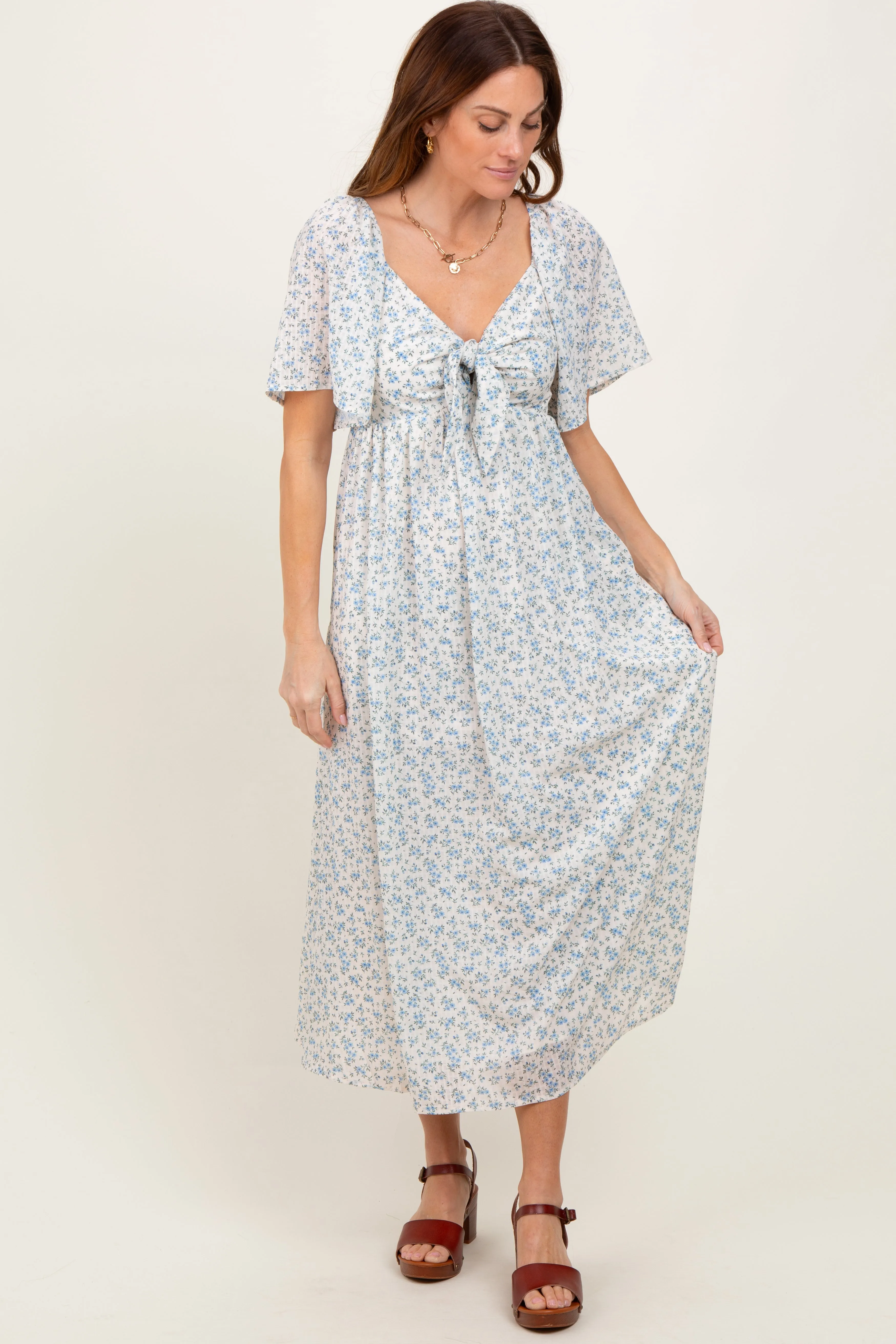 Blue Floral Front Tie Midi Dress sold by Pinkblush product image thumbnail 2