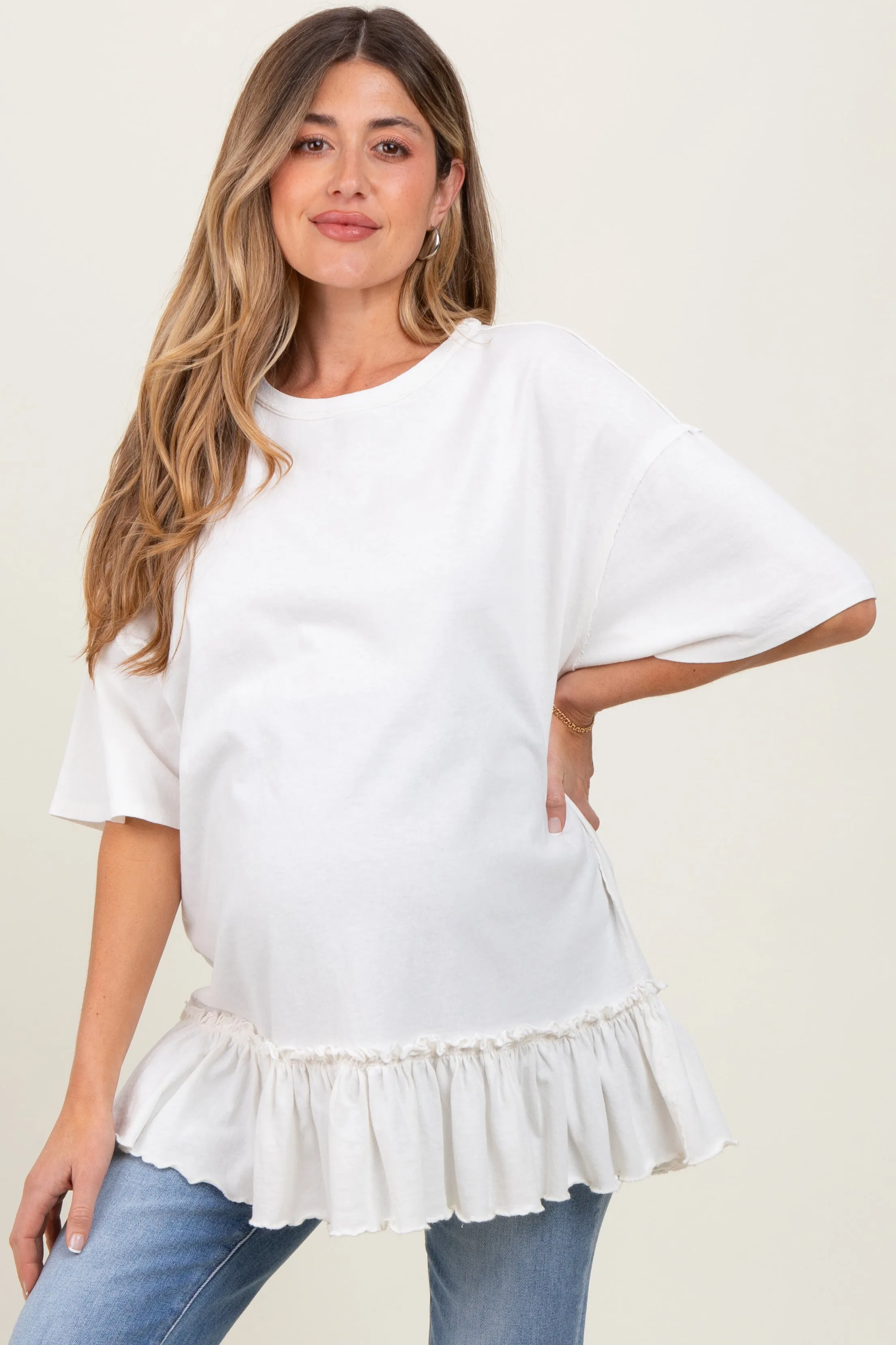 Ivory Relaxed Ruffled Tunic Maternity Top sold by Pinkblush