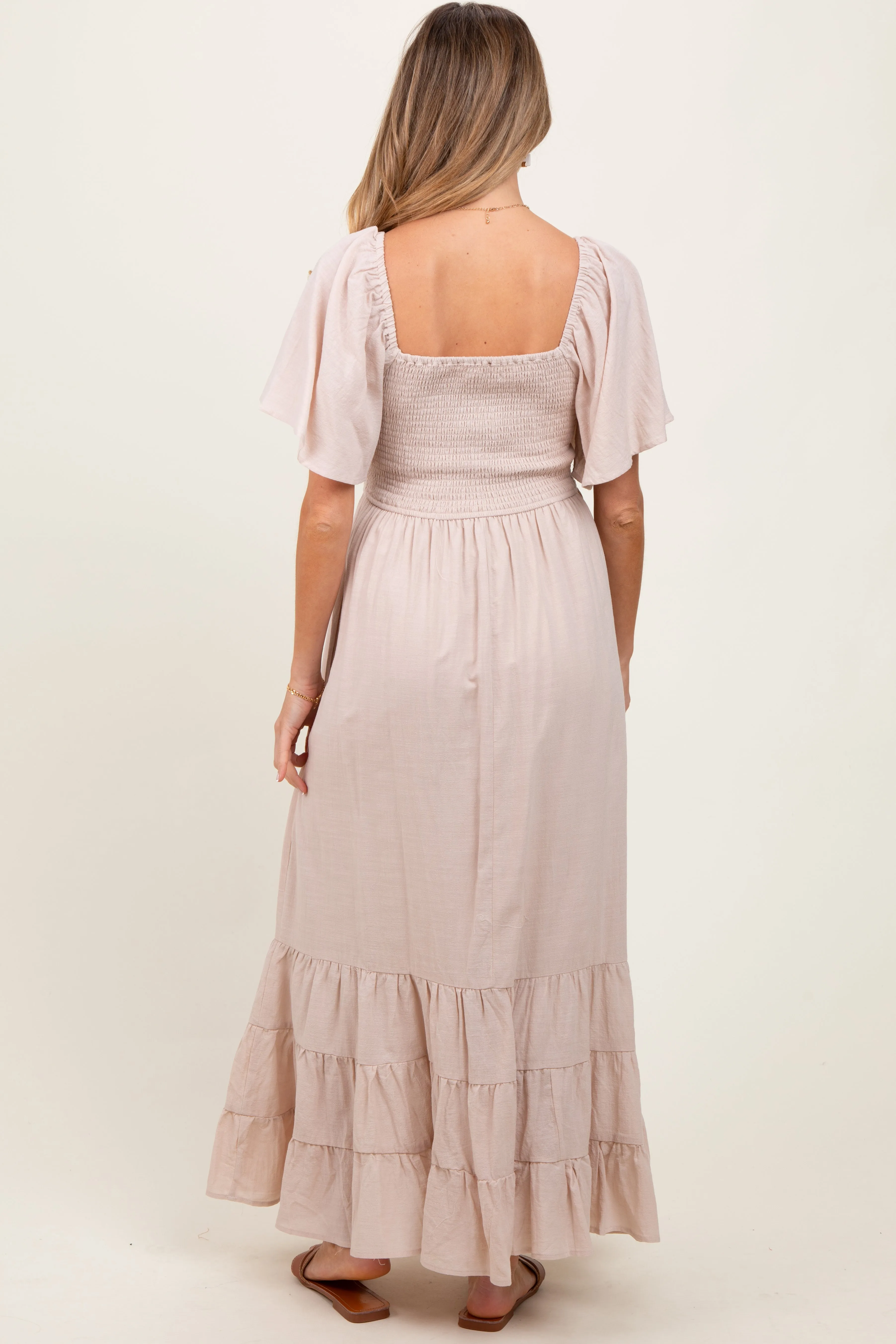 Cream Smocked Cotton Flutter Sleeve Maternity Maxi Dress sold by Pinkblush product image thumbnail 3