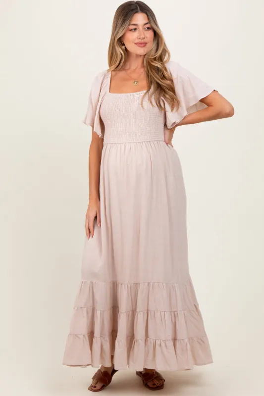 Cream Smocked Cotton Flutter Sleeve Maternity Maxi Dress sold by Pinkblush