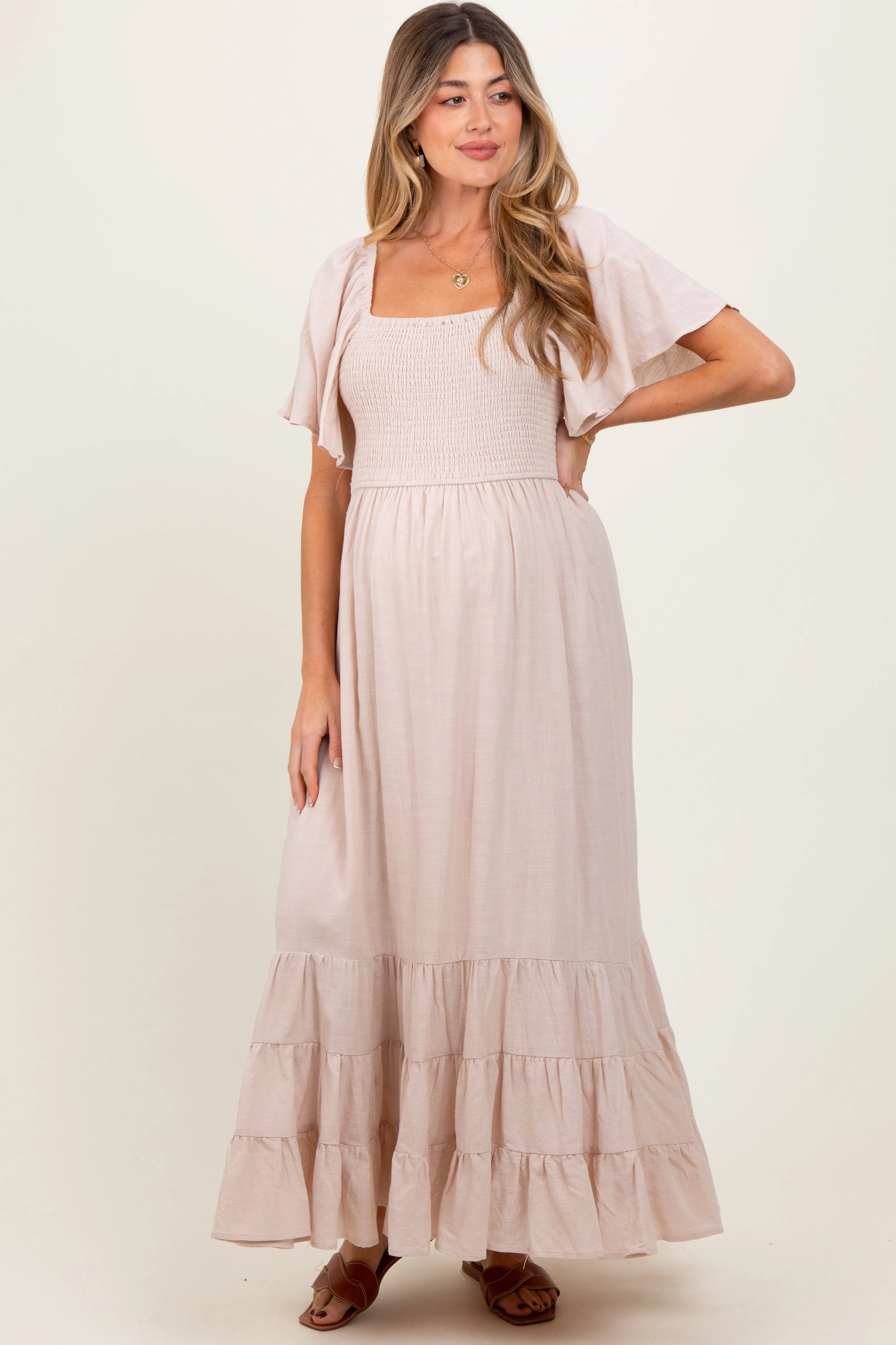 Cream Smocked Cotton Flutter Sleeve Maternity Maxi Dress sold by Pinkblush