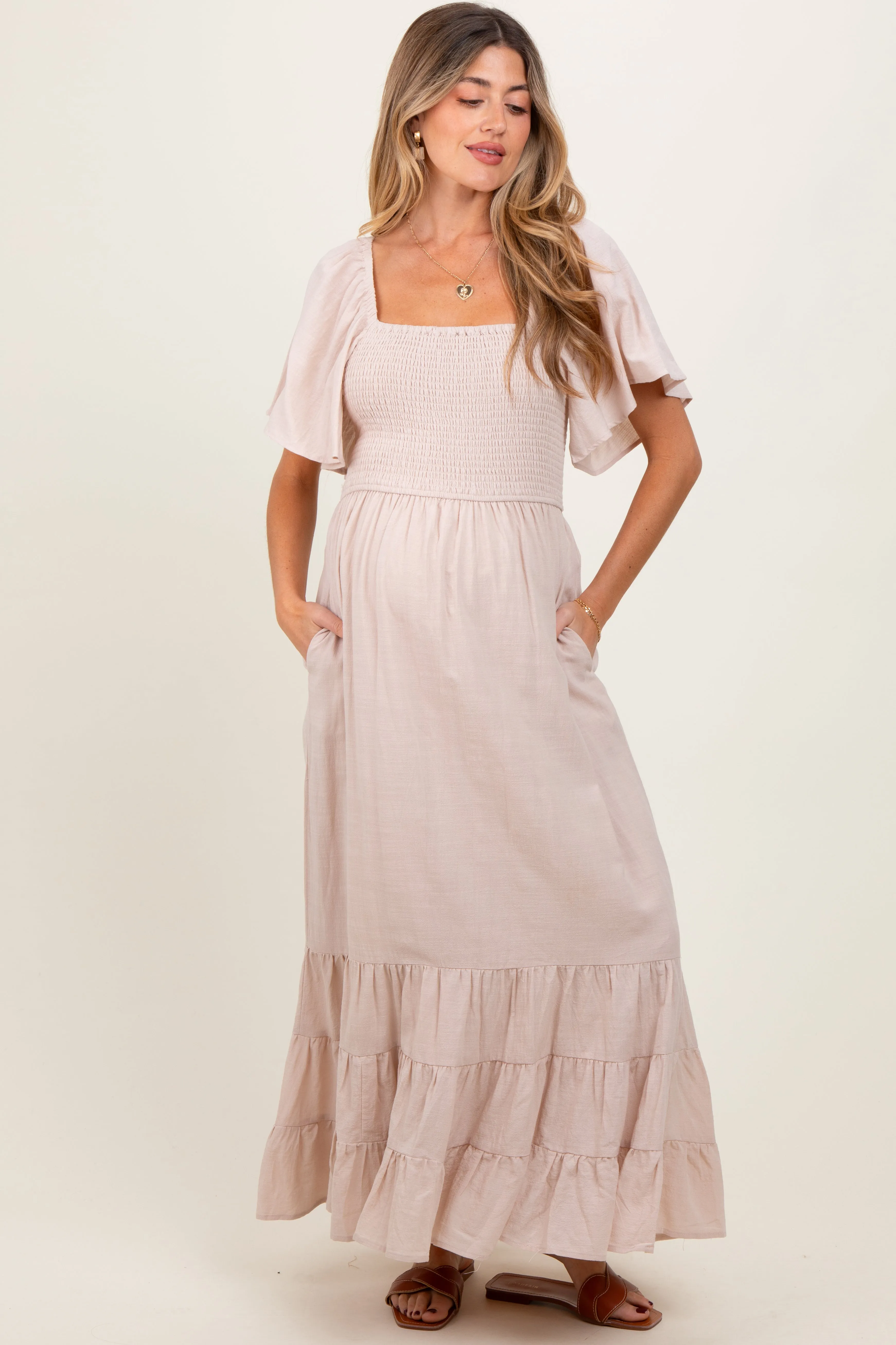 Cream Smocked Cotton Flutter Sleeve Maternity Maxi Dress sold by Pinkblush product image thumbnail 2