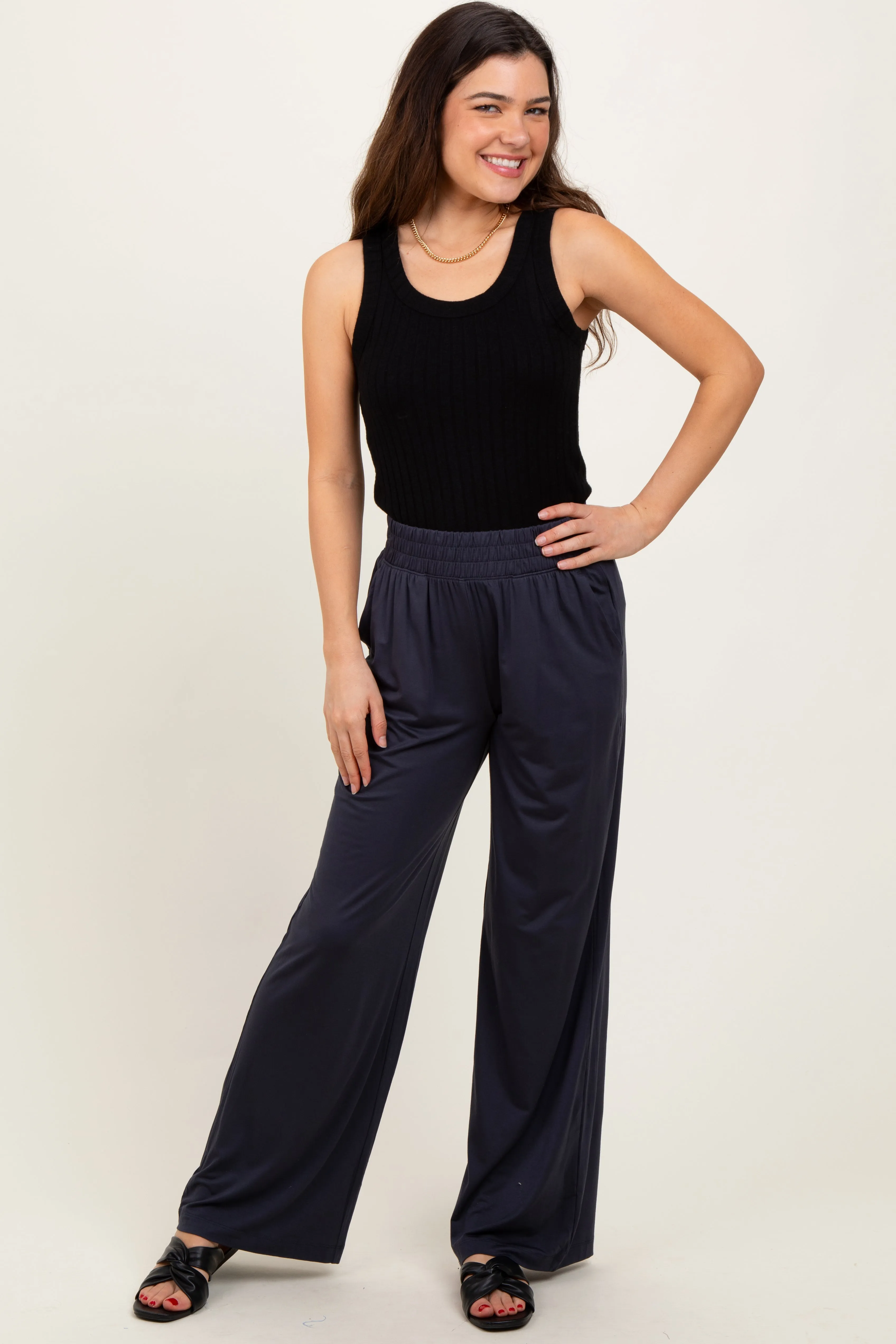 Charcoal Basic Wide Leg Pocketed Pants sold by Pinkblush