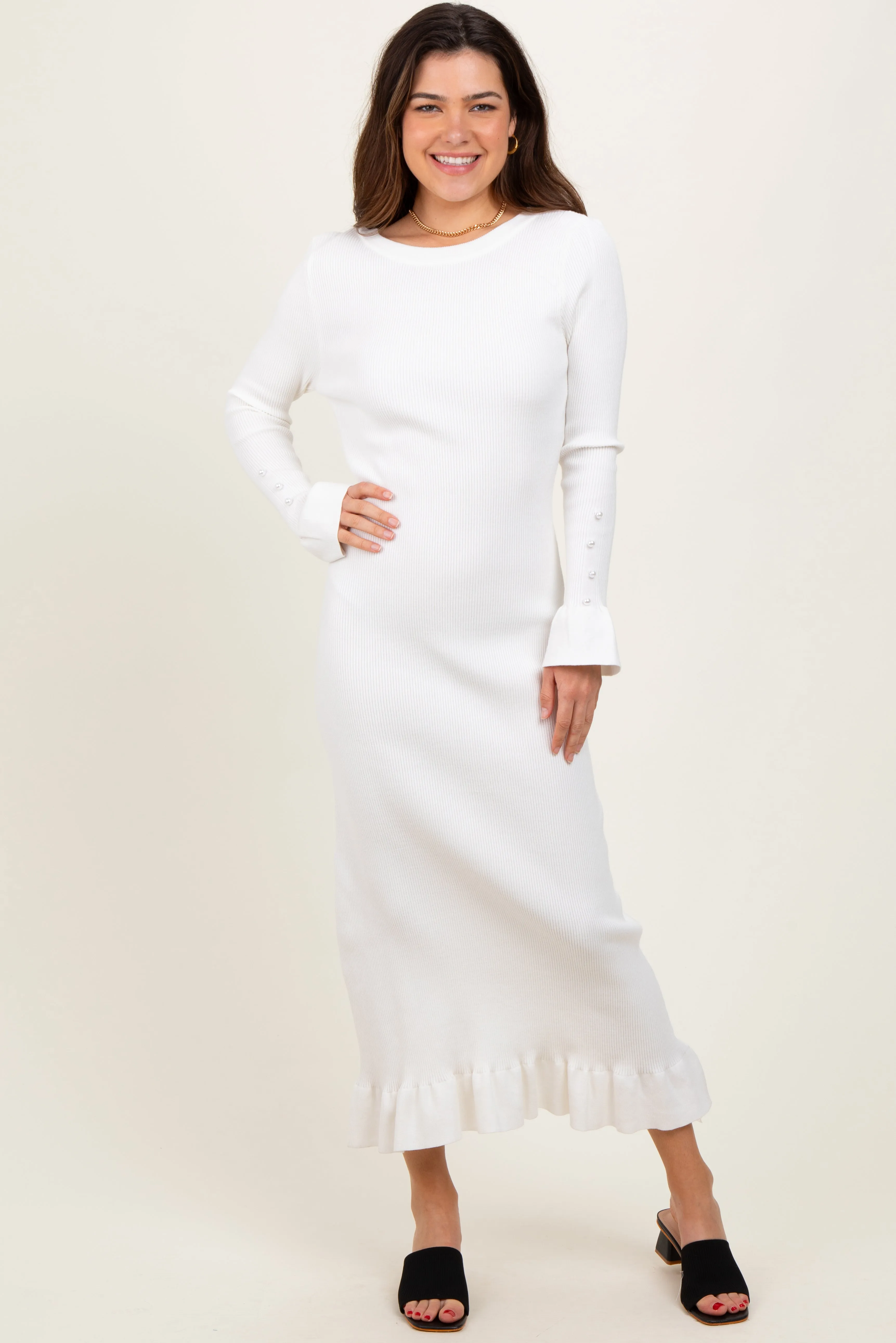 Ivory Ribbed Knit Bow Back Maxi Dress sold by Pinkblush