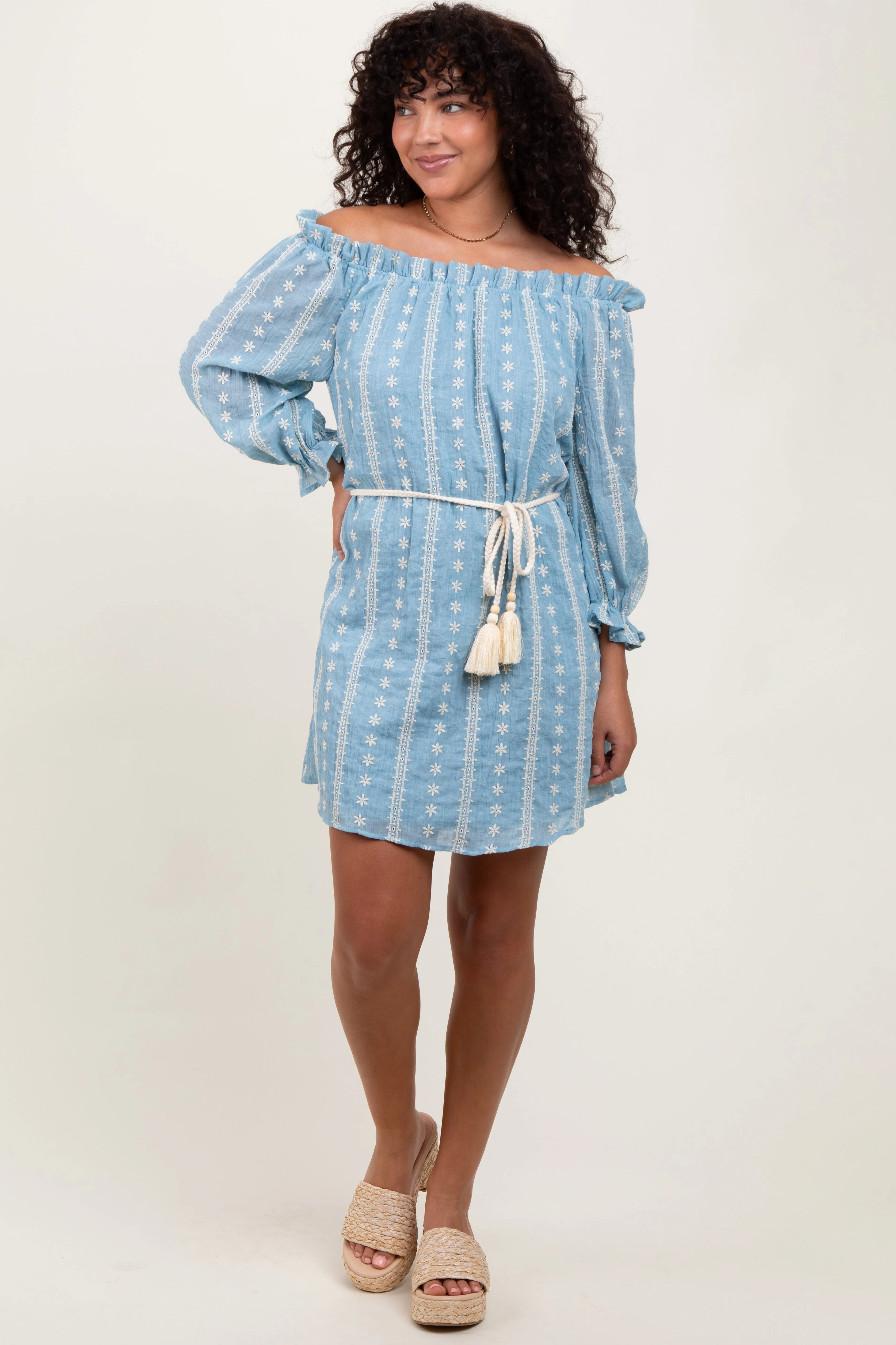Light Blue Embroidered Off Shoulder Maternity Dress sold by Pinkblush product image thumbnail 4