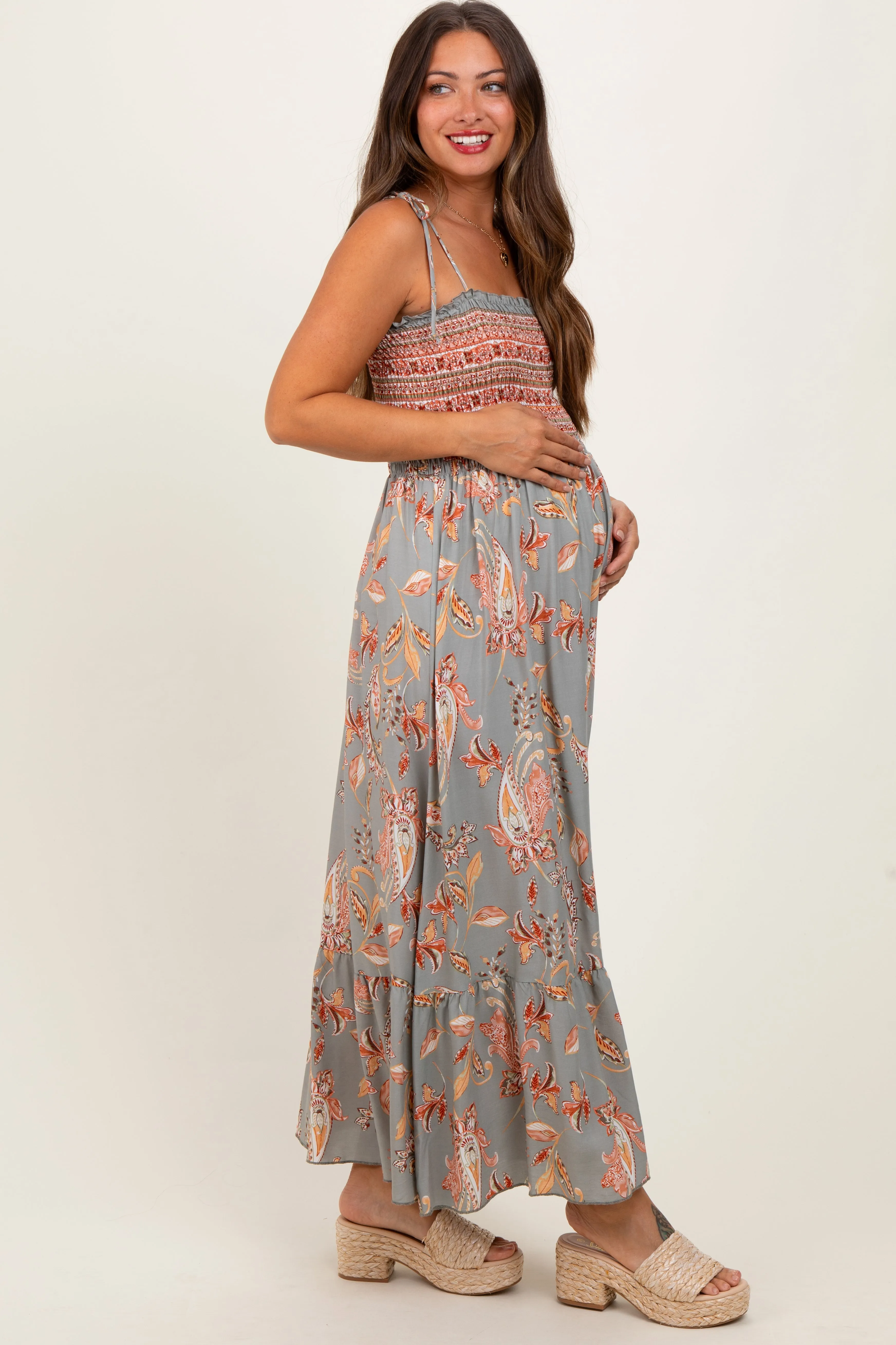 Olive Paisley Shoulder Tie Smocked Maternity Maxi Dress sold by Pinkblush product image thumbnail 3