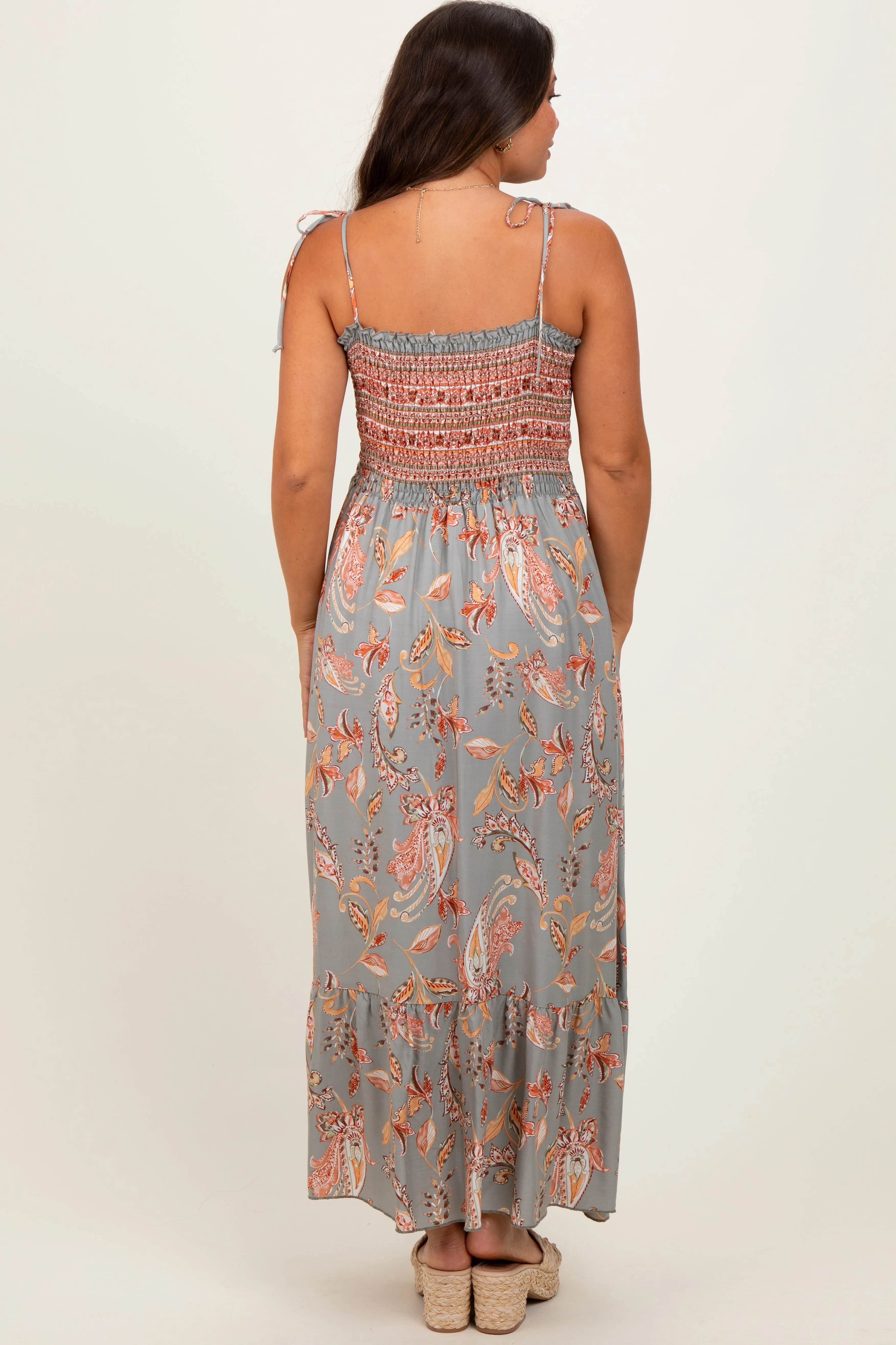 Olive Paisley Shoulder Tie Smocked Maternity Maxi Dress sold by Pinkblush product image thumbnail 4