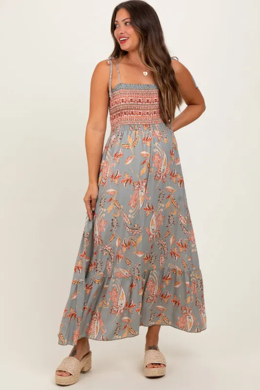 Olive Paisley Shoulder Tie Smocked Maternity Maxi Dress sold by Pinkblush