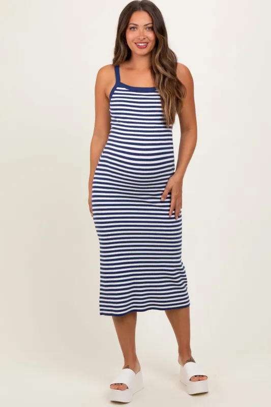 Navy Striped Knit Sleeveless Maternity Midi Dress sold by Pinkblush