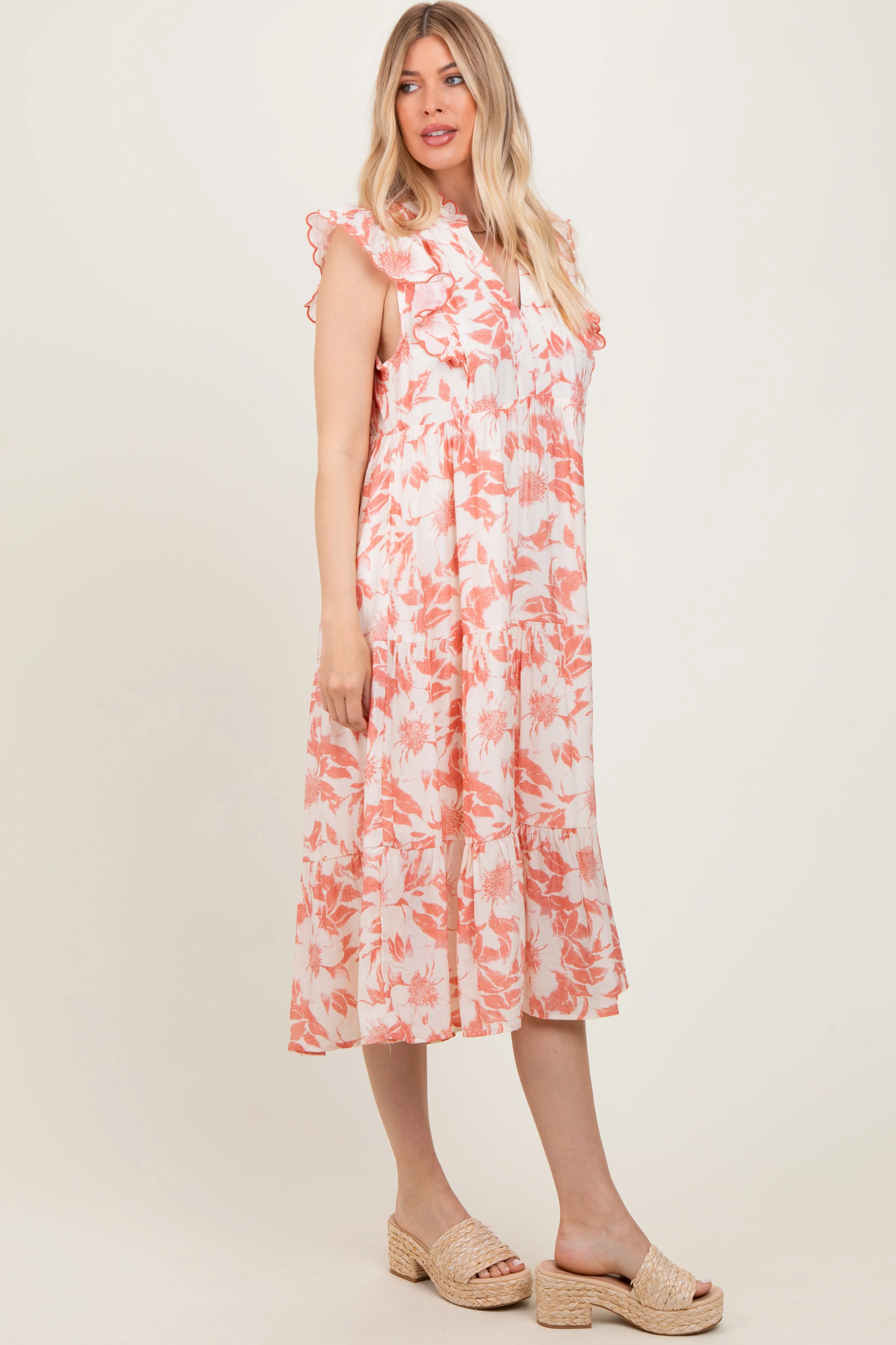 Rust Floral Scallop Hem Tiered Midi Dress sold by Pinkblush product image thumbnail 3