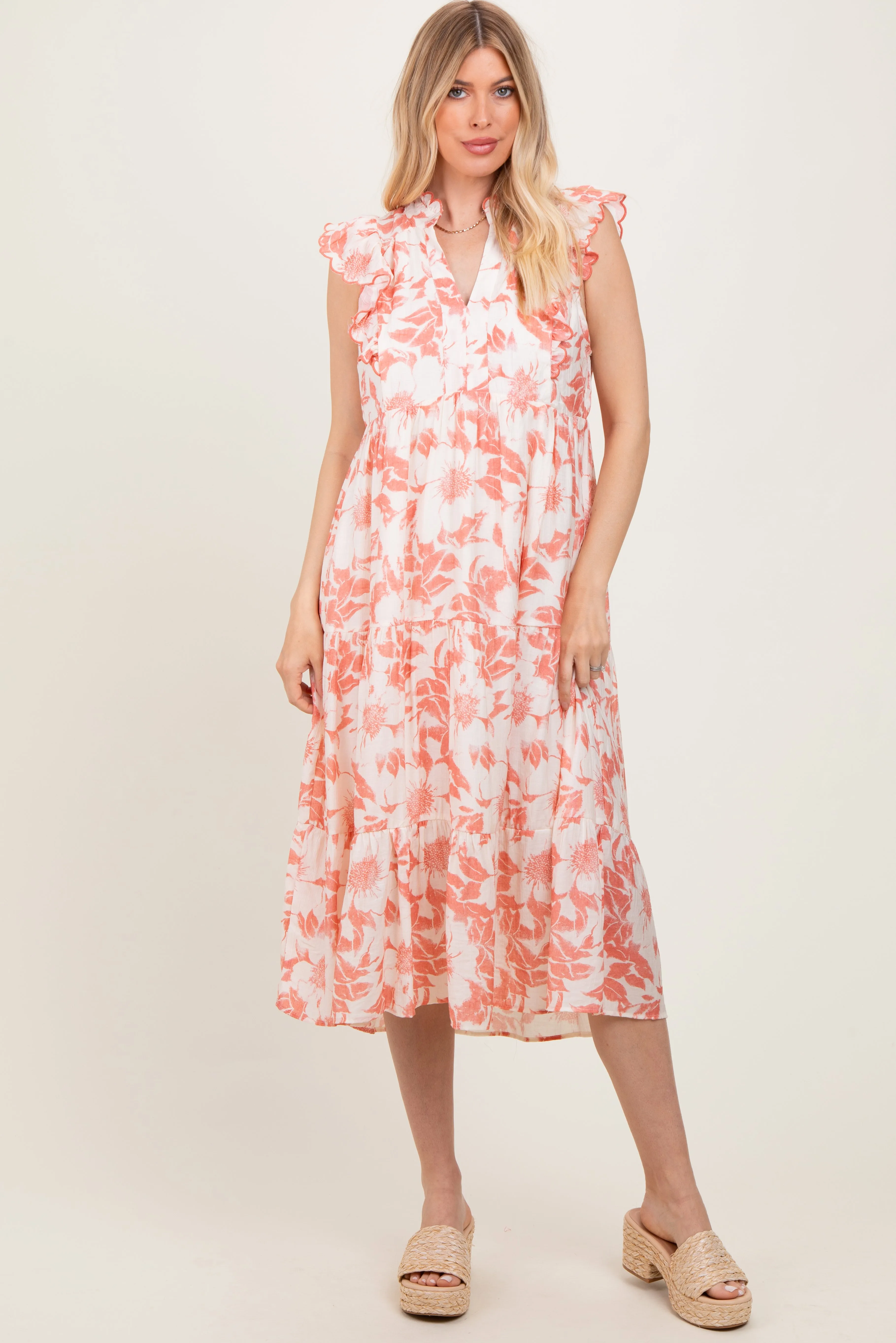 Rust Floral Scallop Hem Tiered Midi Dress sold by Pinkblush