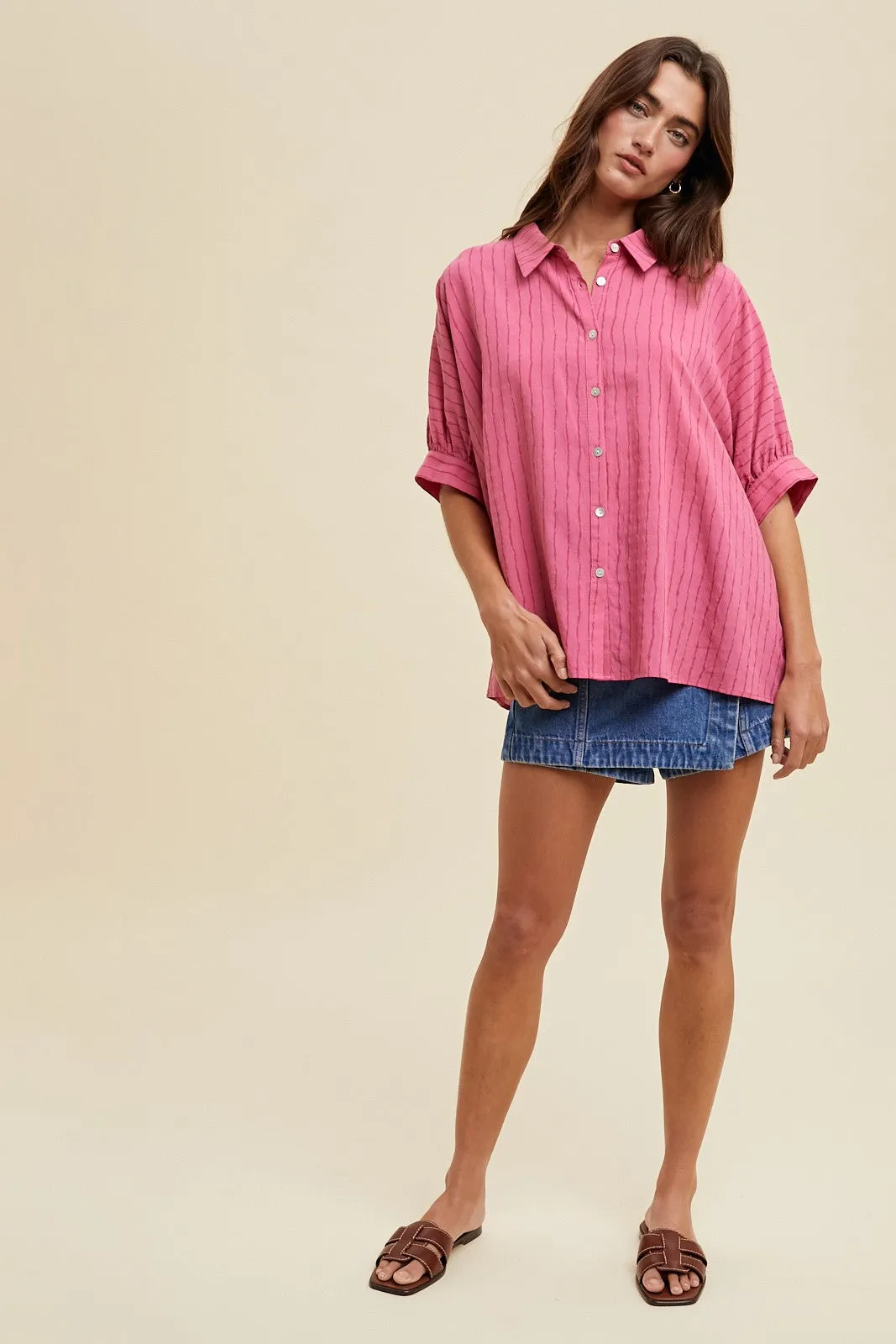 Fuchsia Striped Drop Shoulder Button Down Blouse sold by Pinkblush product image thumbnail 4
