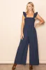 Navy Ruffle Strap Smocked Wide Leg Jumpsuit sold by Pinkblush