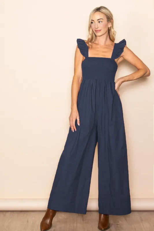 Navy Ruffle Strap Smocked Wide Leg Jumpsuit sold by Pinkblush