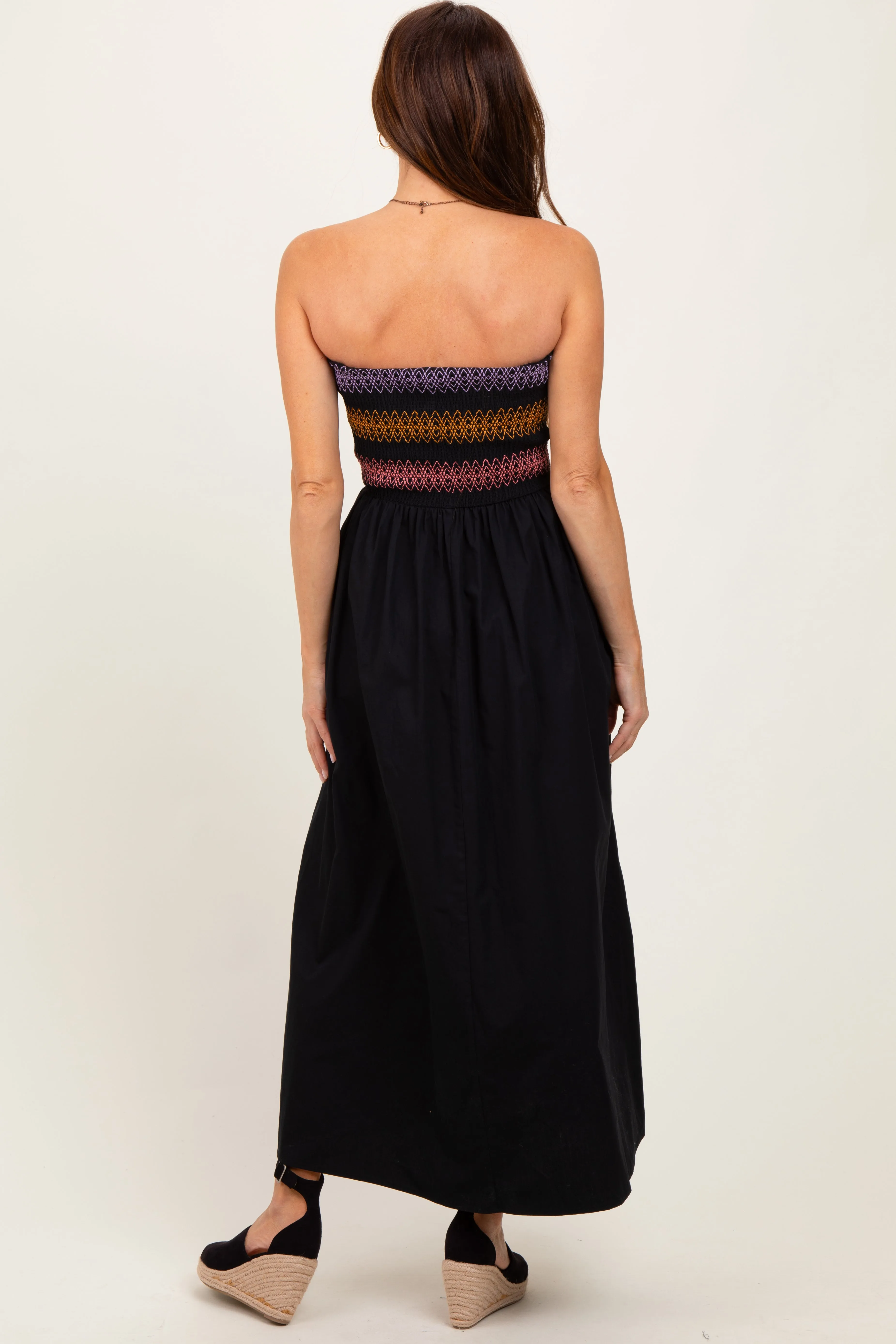 Black Embroidered Strapless Smocked Bodice Flared Midi Dress sold by Pinkblush product image thumbnail 4