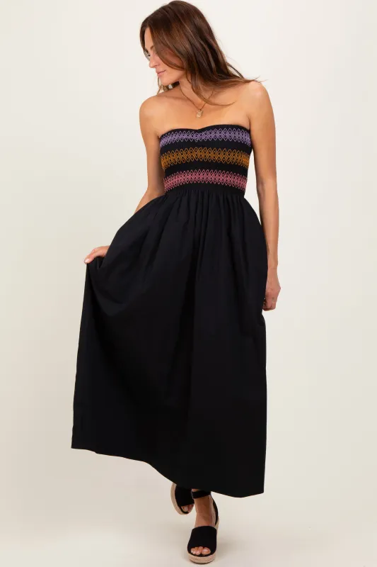 Black Embroidered Strapless Smocked Bodice Flared Midi Dress sold by Pinkblush