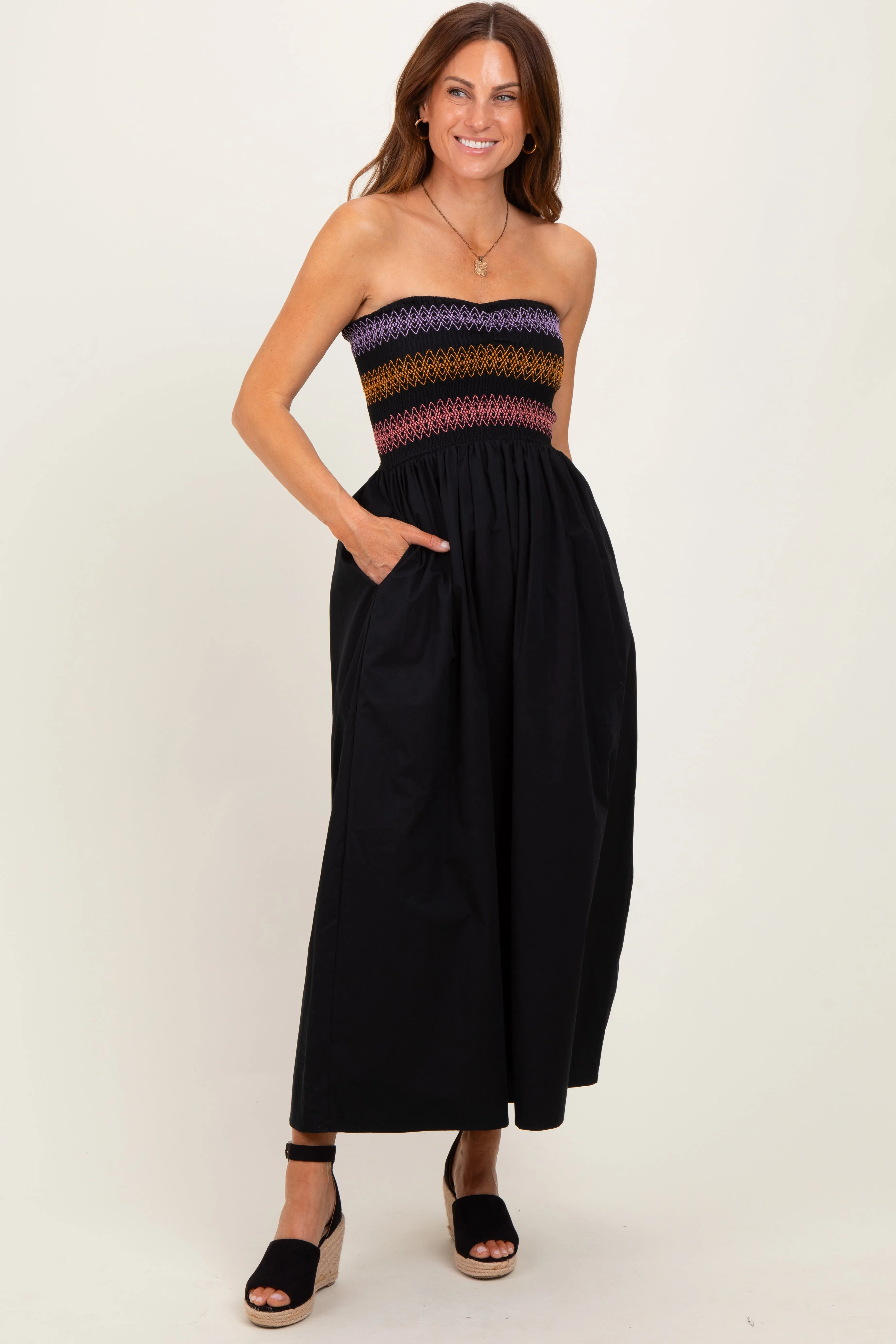 Black Embroidered Strapless Smocked Bodice Flared Midi Dress sold by Pinkblush product image thumbnail 2