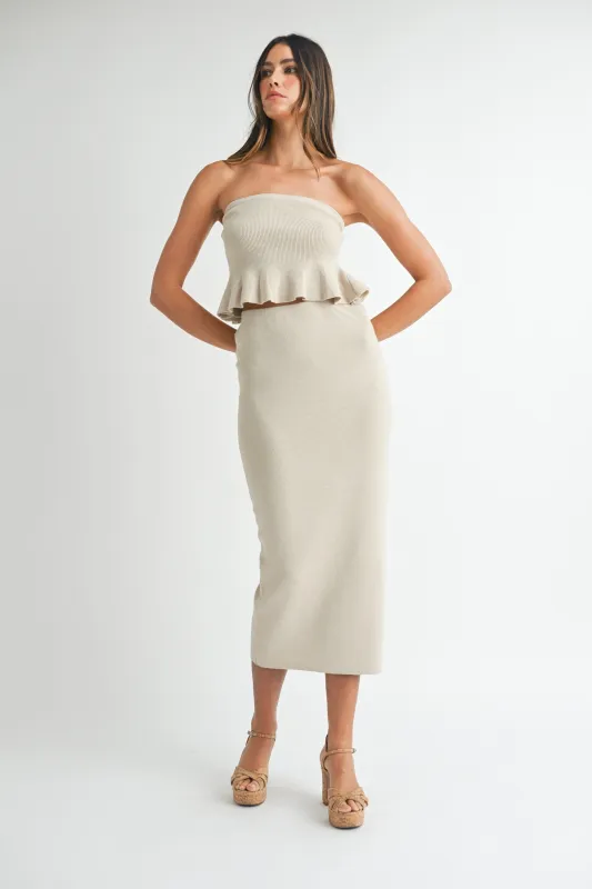 Cream Strapless Ribbed Knit Peplum Top Midi Skirt Set sold by Pinkblush