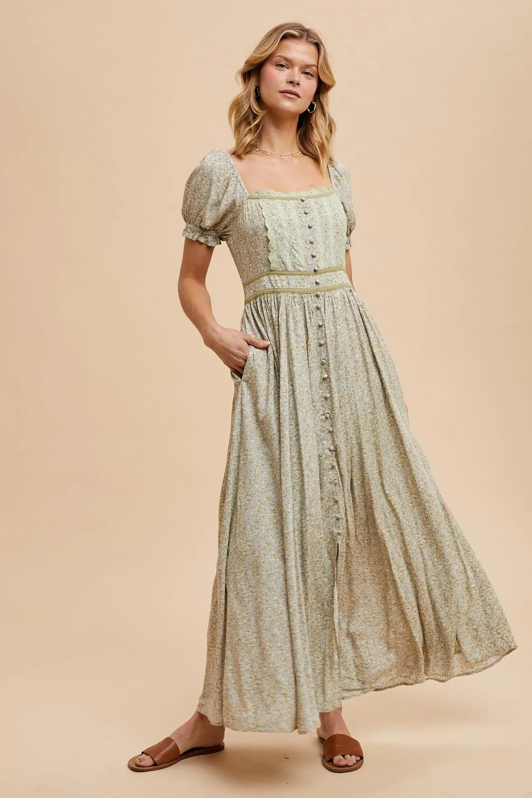 Light Olive Floral Lace Trim Maxi Dress sold by Pinkblush product image thumbnail 2