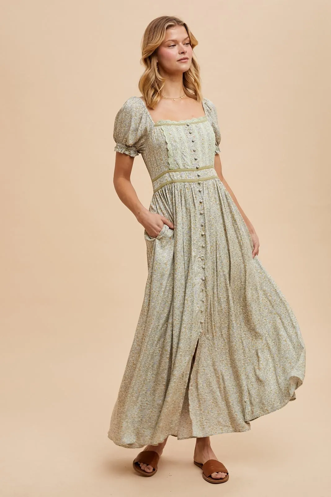 Light Olive Floral Lace Trim Maxi Dress sold by Pinkblush product image thumbnail 3