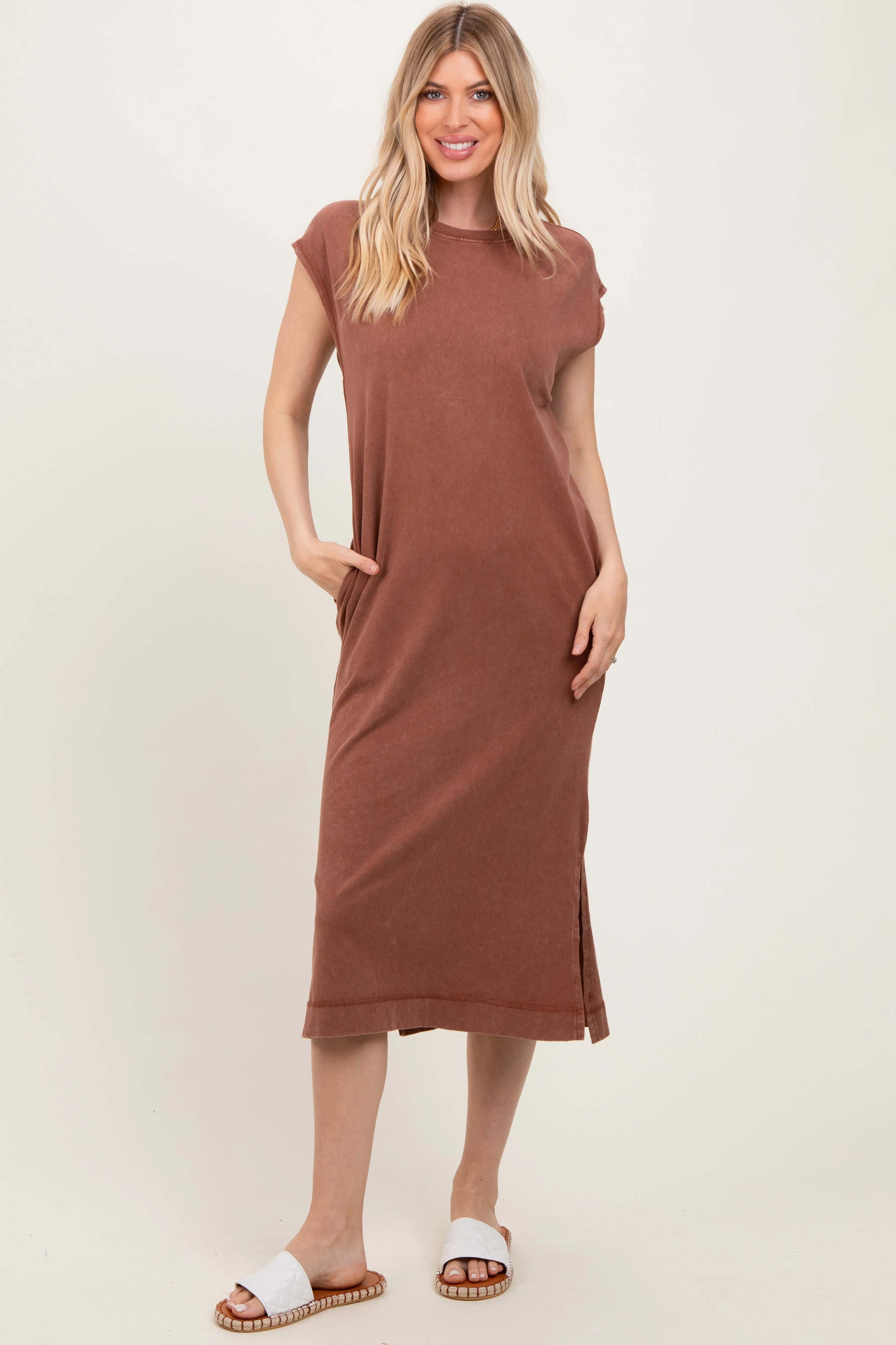 Camel Casual Sleeveless Pocketed Midi Dress sold by Pinkblush