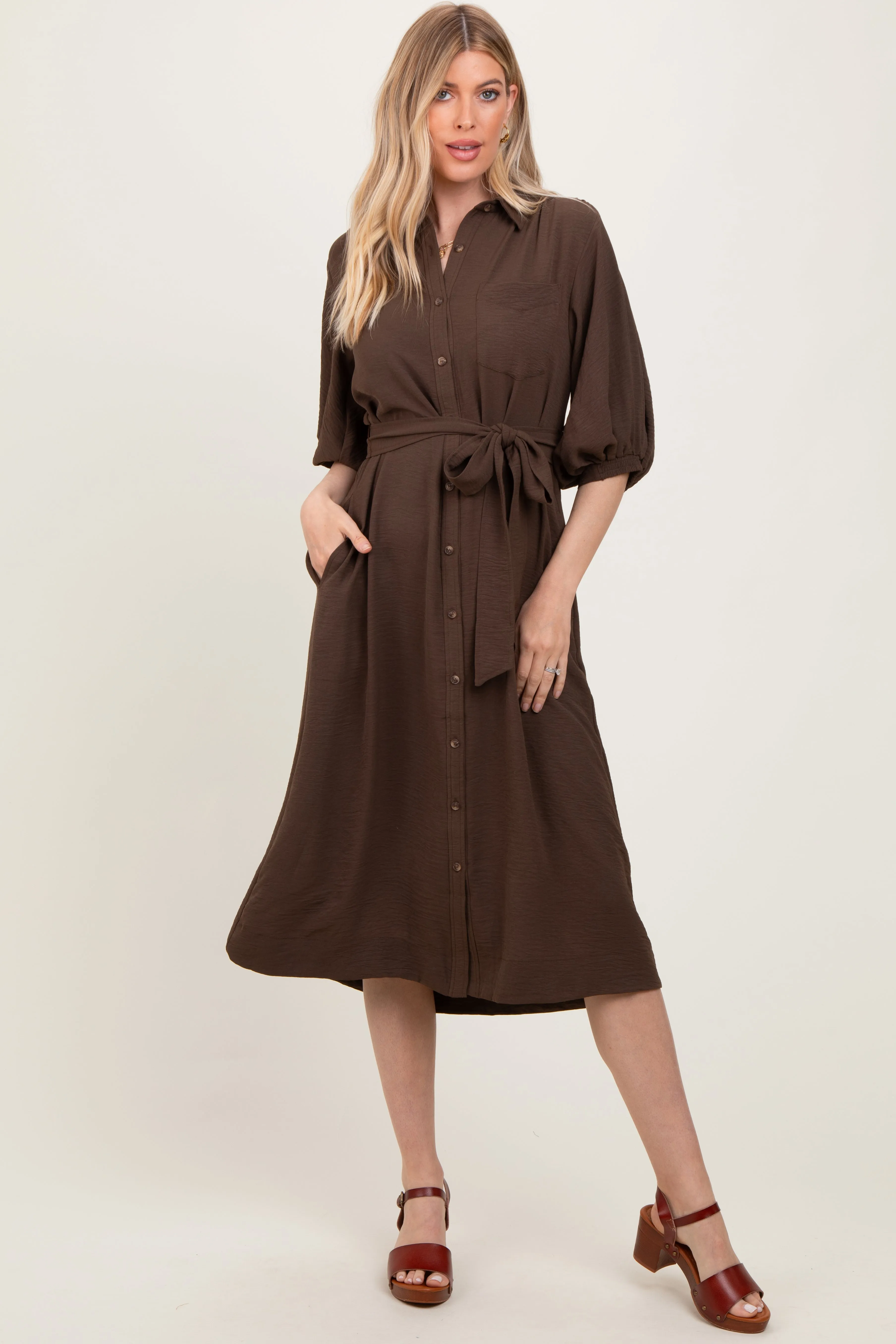 Brown Sash Tie Midi Shirt Dress sold by Pinkblush