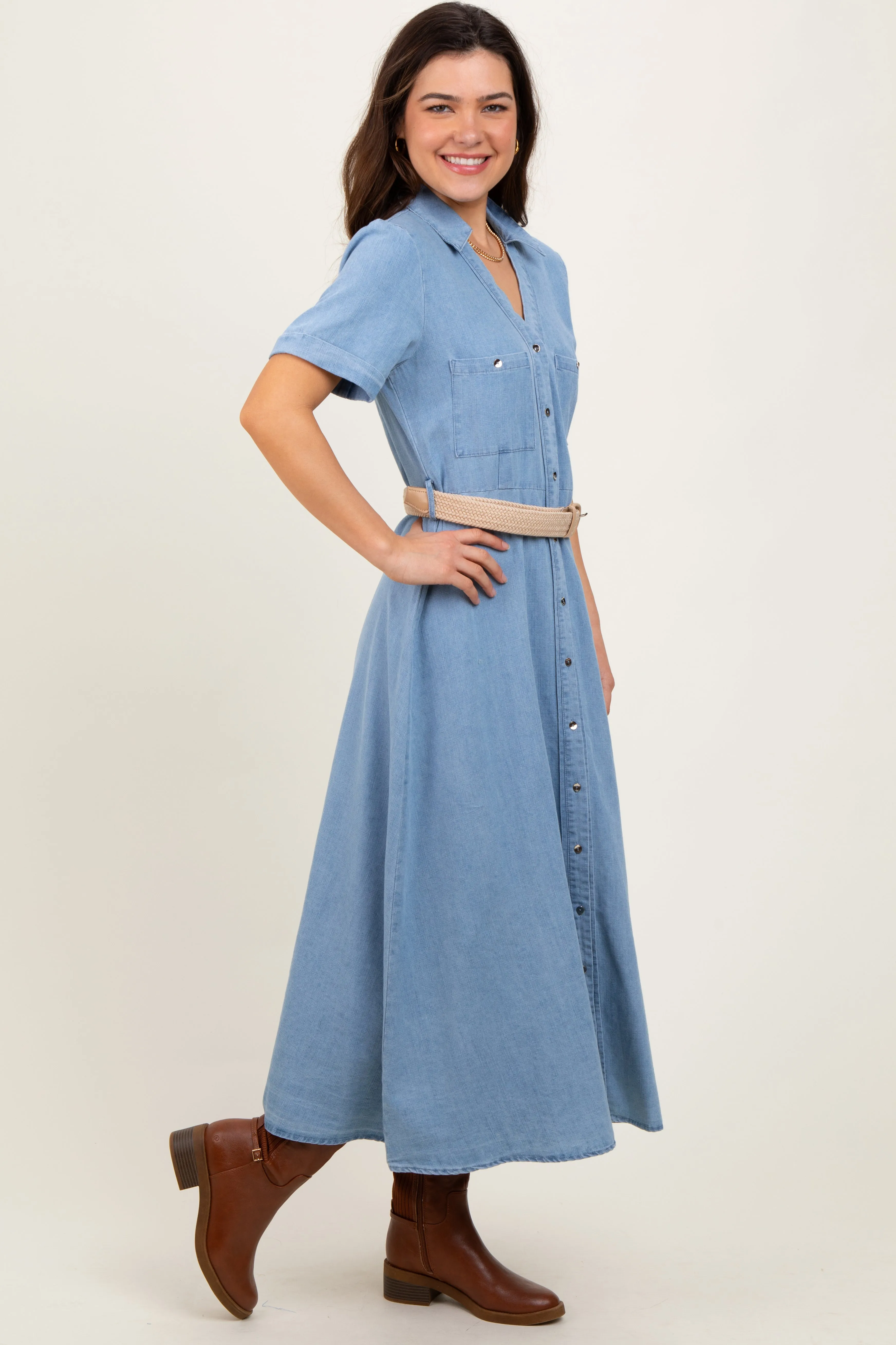Light Blue Chambray Button Down Midi Shirt Dress sold by Pinkblush product image thumbnail 3