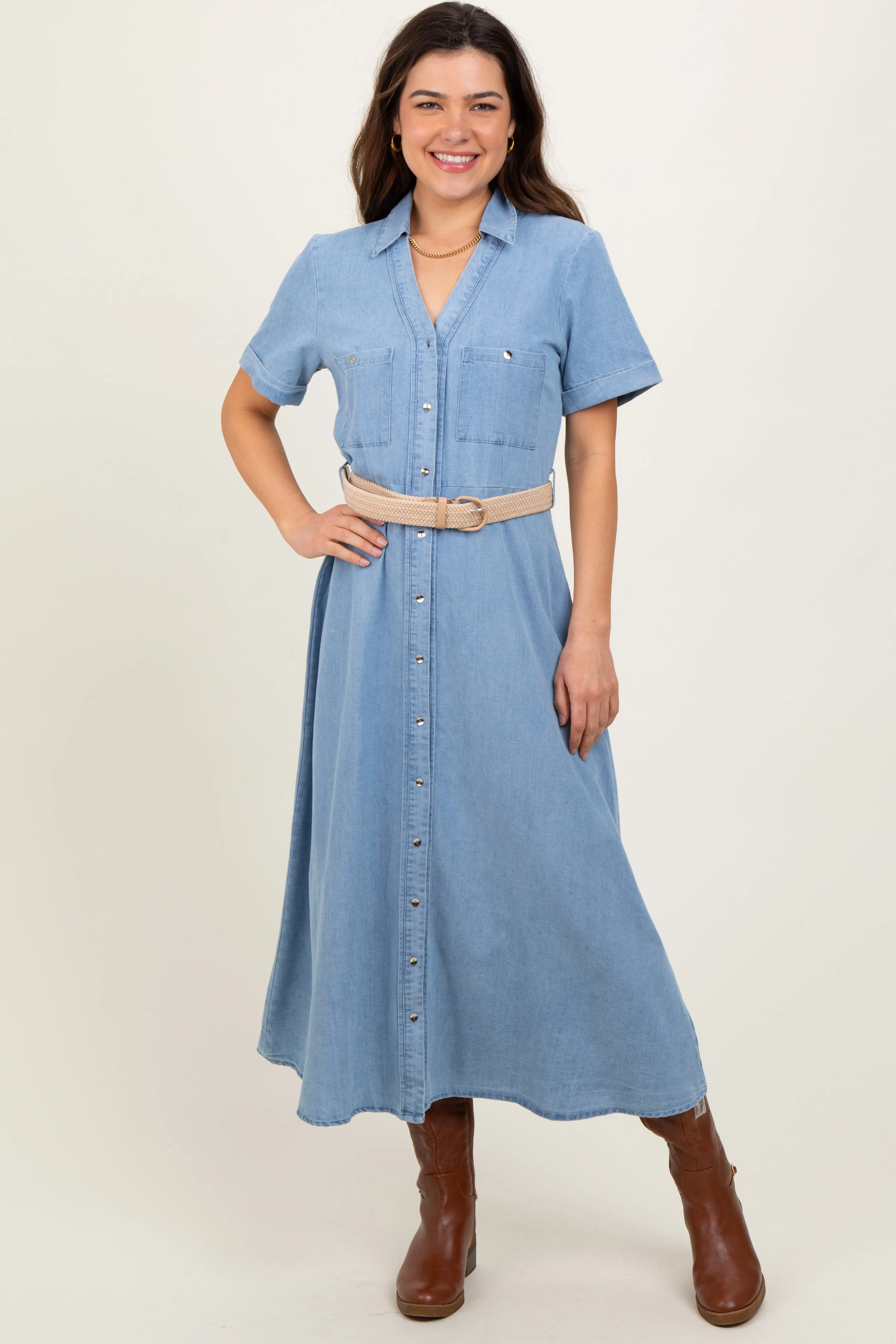 Light Blue Chambray Button Down Midi Shirt Dress sold by Pinkblush